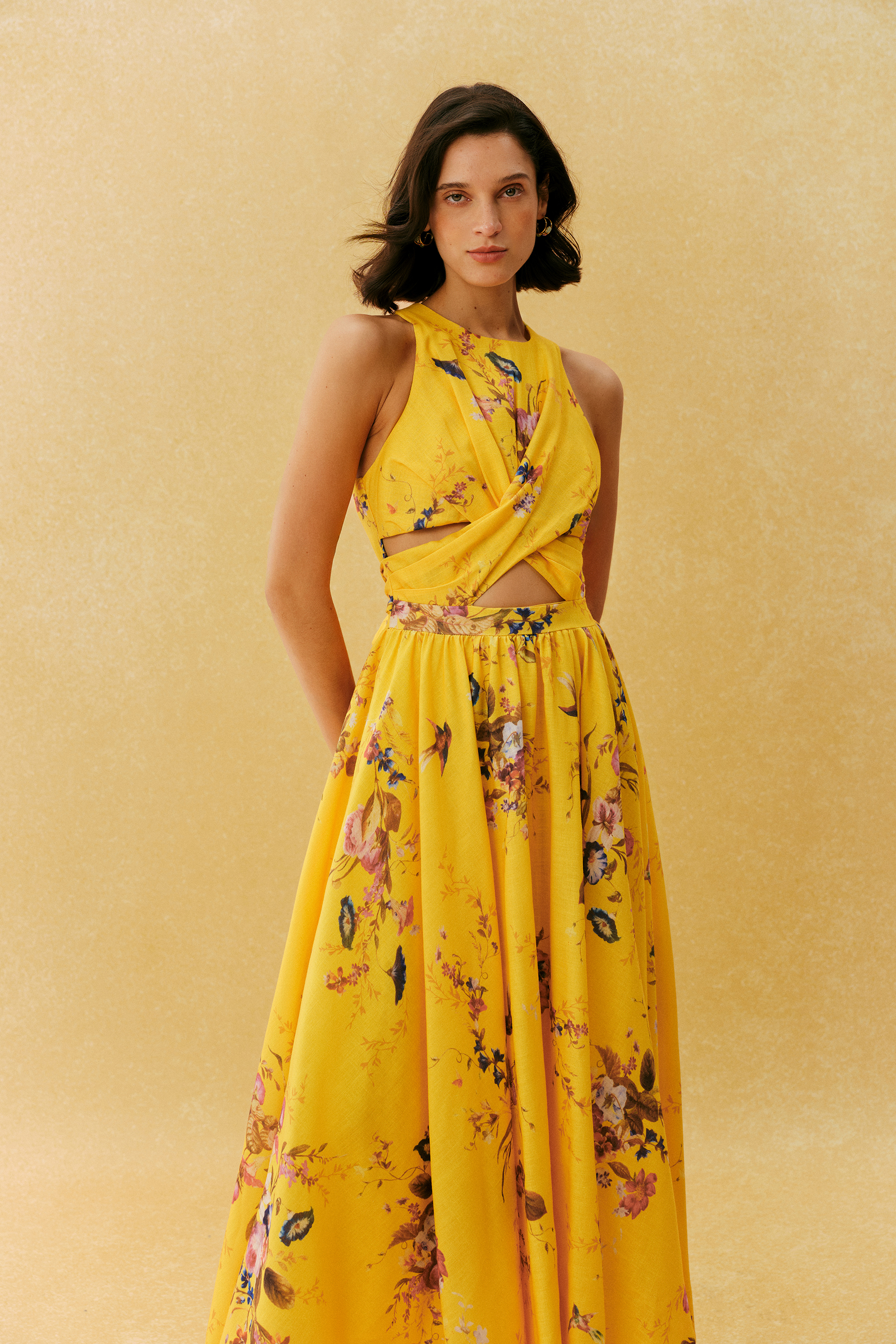 Holiday Mood Yellow Floral Print Cutout Maxi Dress