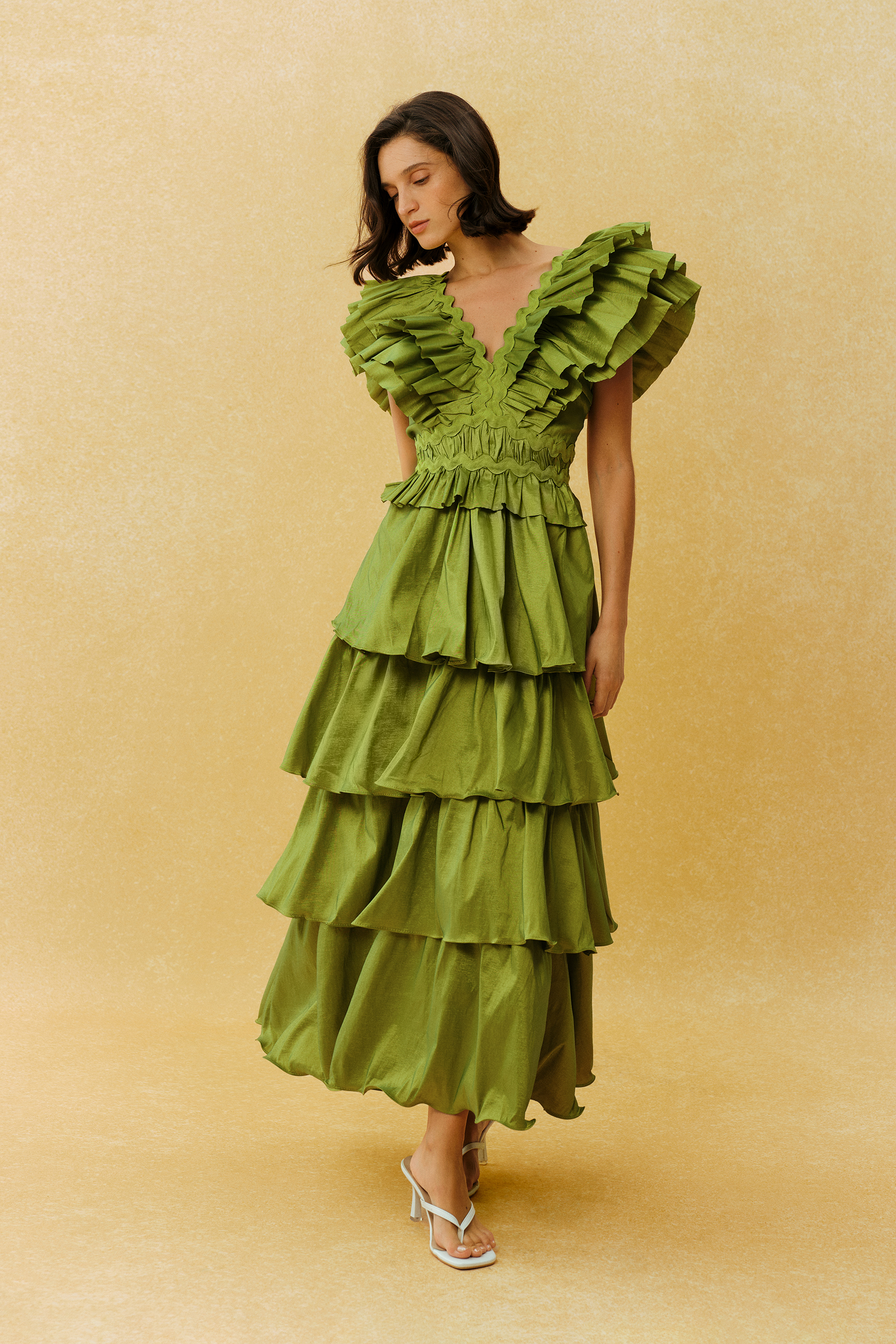 Can't Look Away Green V Neck Ruffle Sleeve Tiered Maxi Dress