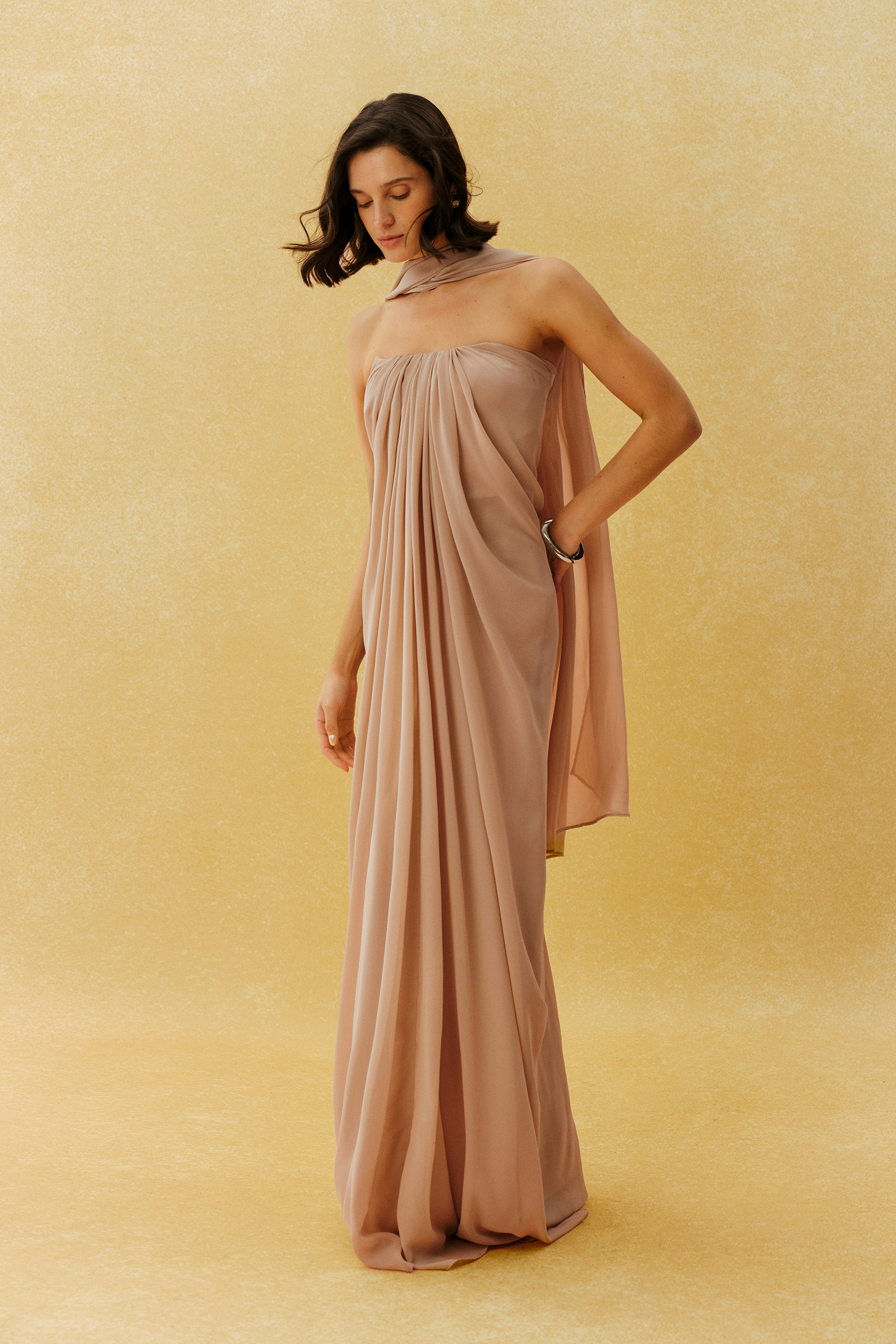 She’s A Muse Khaki Strapless Maxi Dress With Scarf