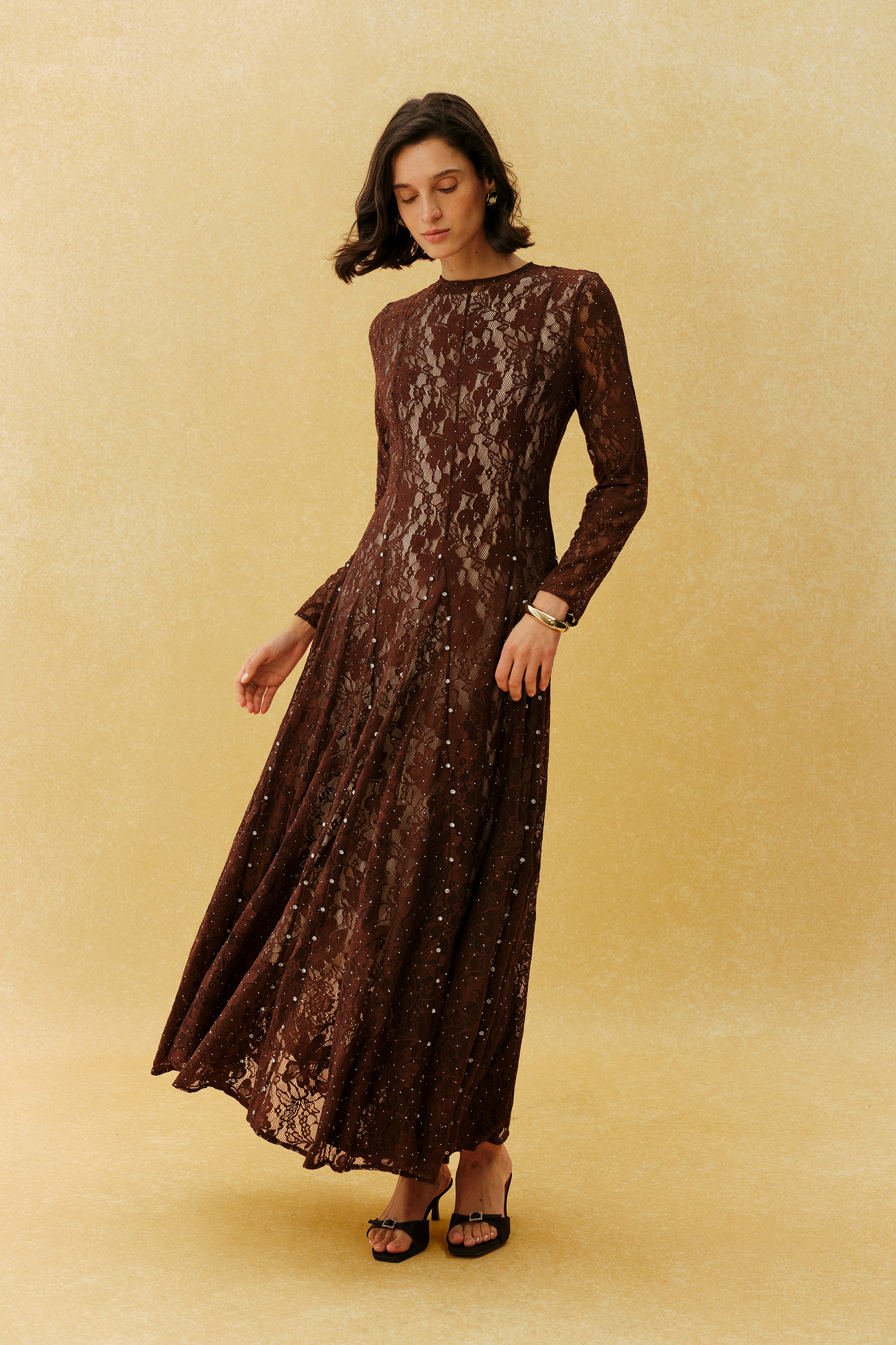Little Secret Brown Floral Lace Embellished Long Sleeve Maxi Dress
