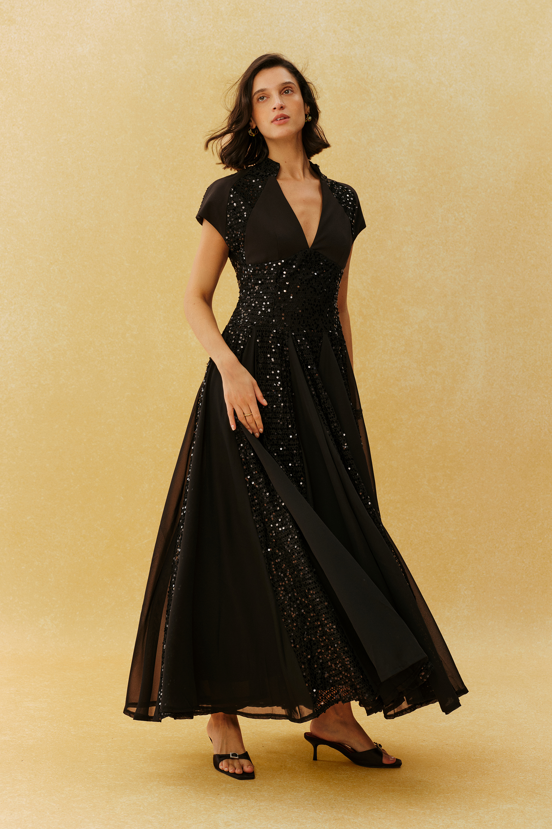 Just Enough Black Sequin V Neck Cap Sleeve Maxi Dress