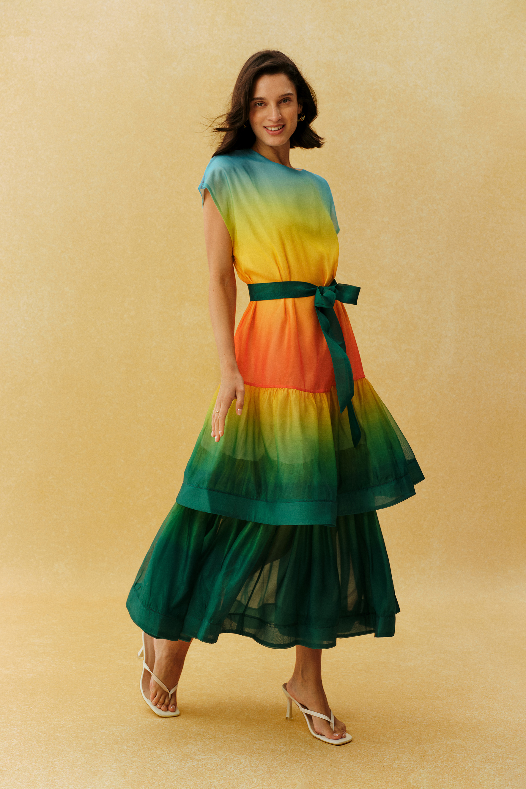Authentically Yours Multi Gradient Cap Sleeve Tiered Maxi Dress