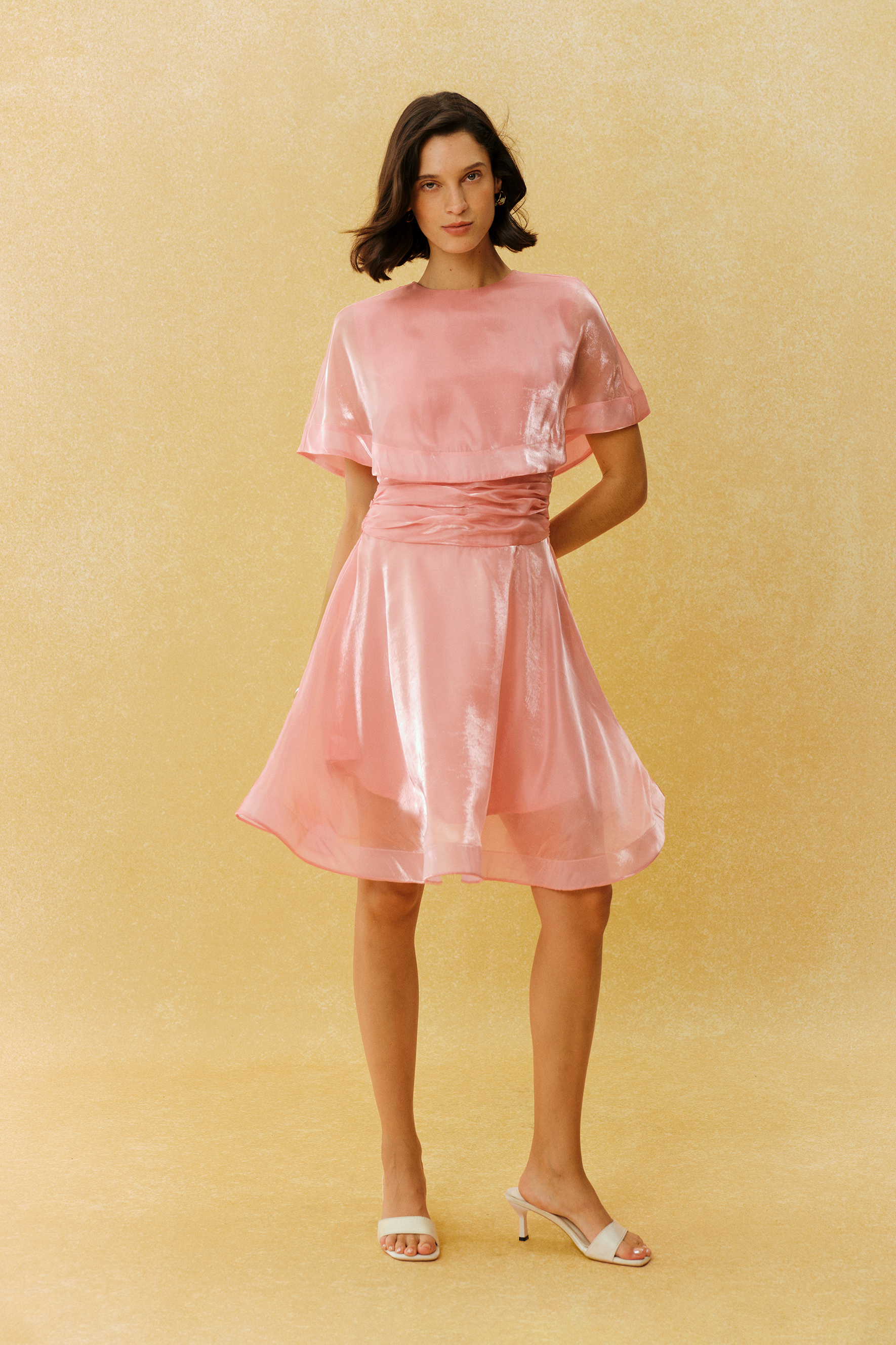 Came For You Pink Cape Sleeve Ruched Waist Mini Dress