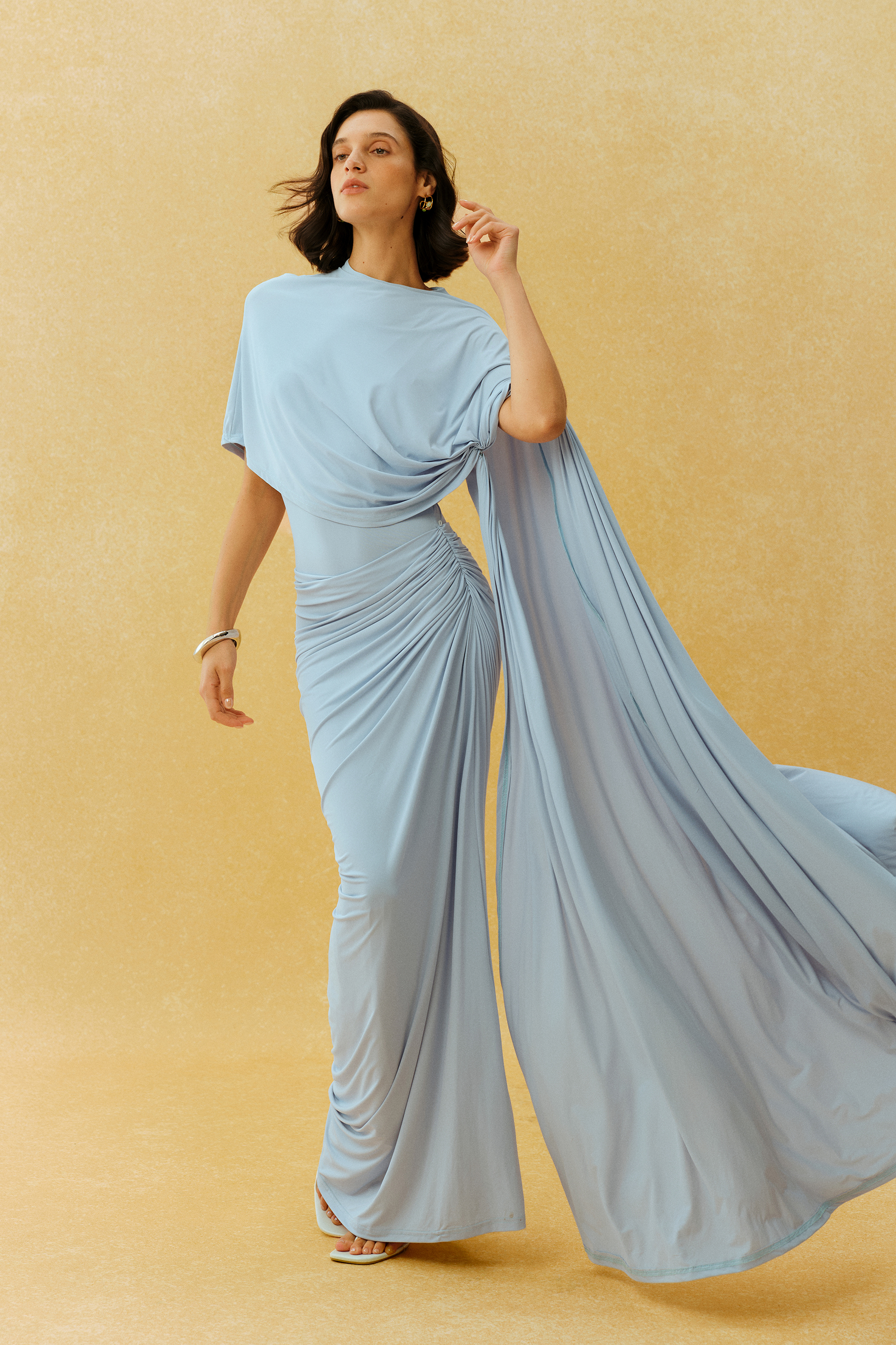 Stealing The Show Blue Asymmetric Cape Sleeve Ruched Maxi Dress