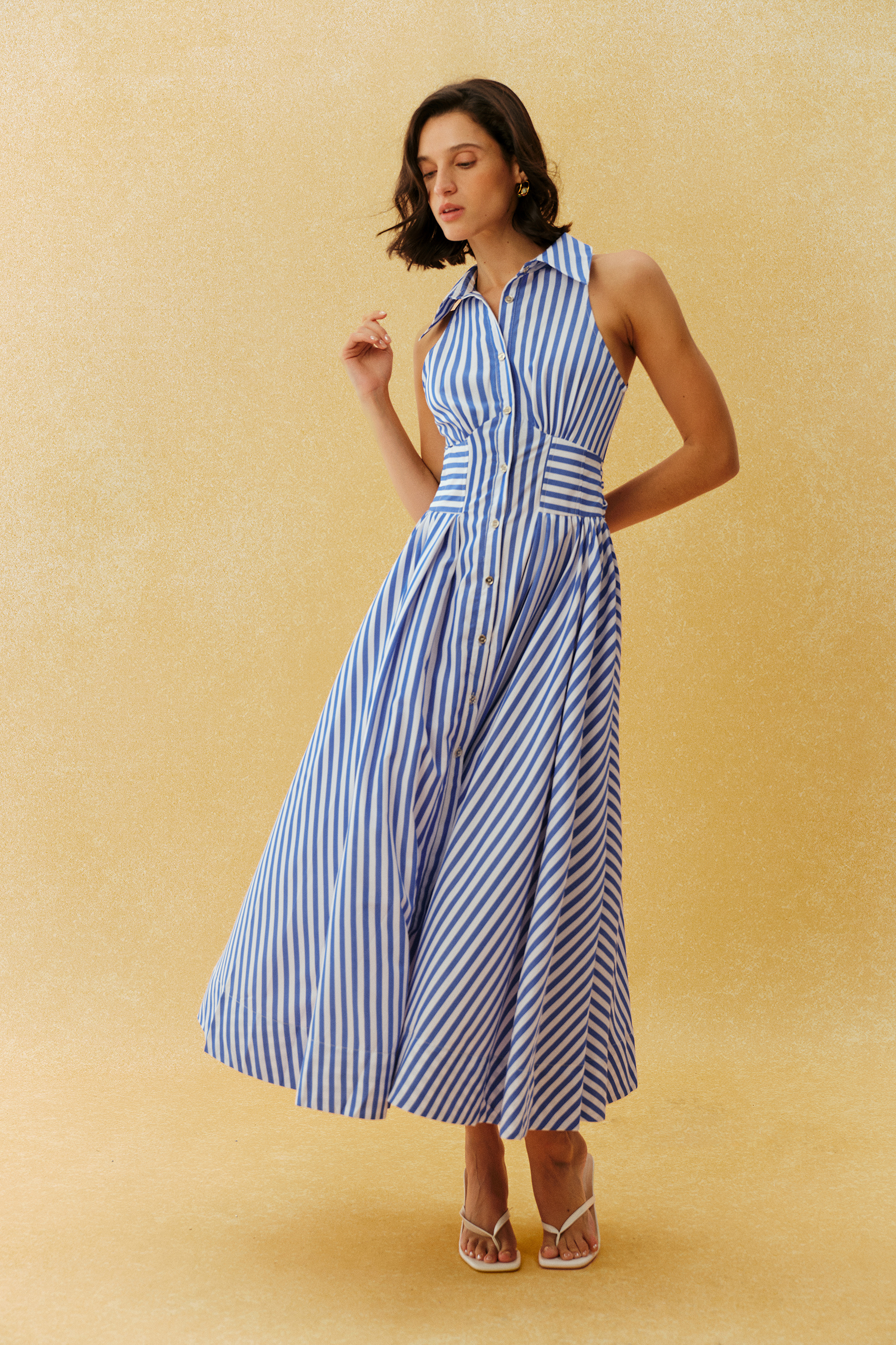 Favourite Girl Blue Striped Collar Sleeveless Maxi Dress