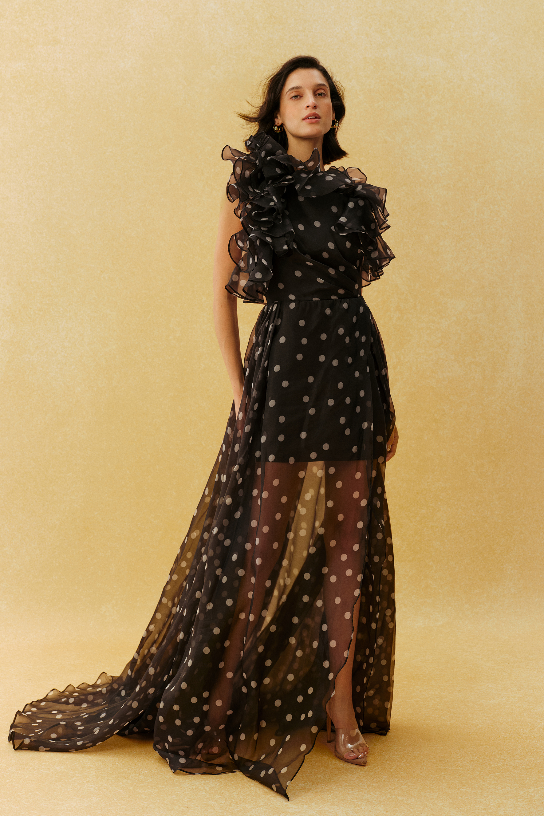 Playful Elegance Black Polka Dot Ruffle Neck Maxi Dress