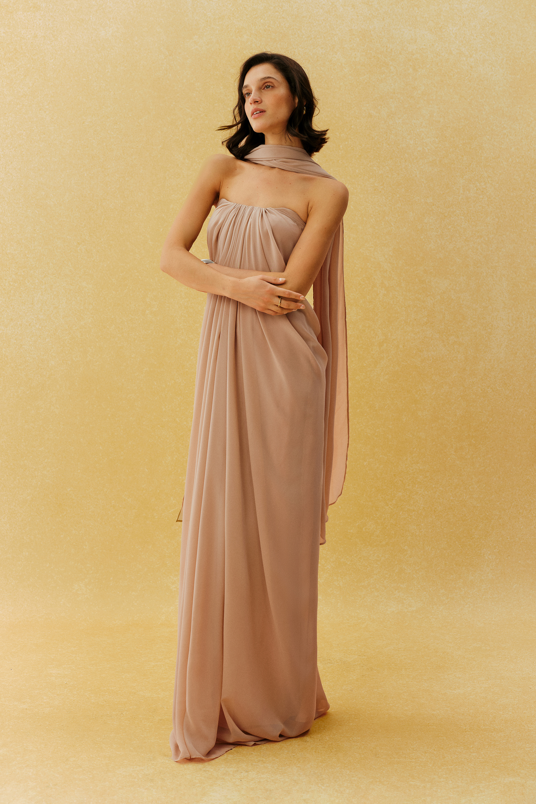 She’s A Muse Khaki Strapless Maxi Dress With Scarf