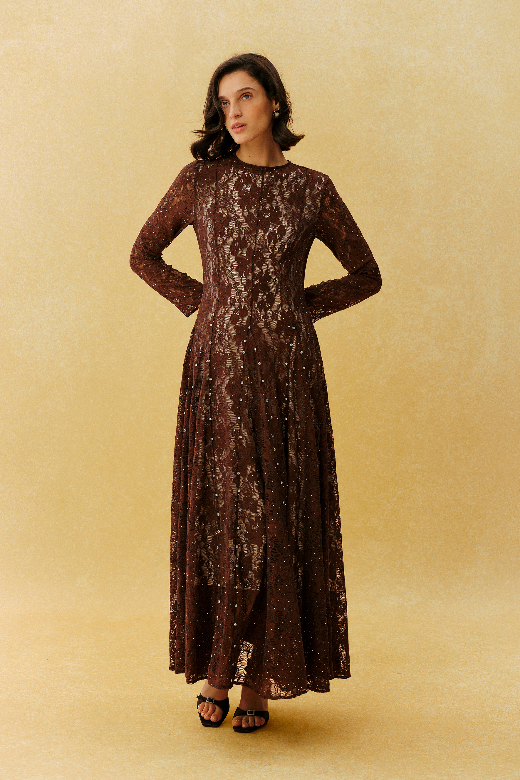 Little Secret Brown Floral Lace Embellished Long Sleeve Maxi Dress