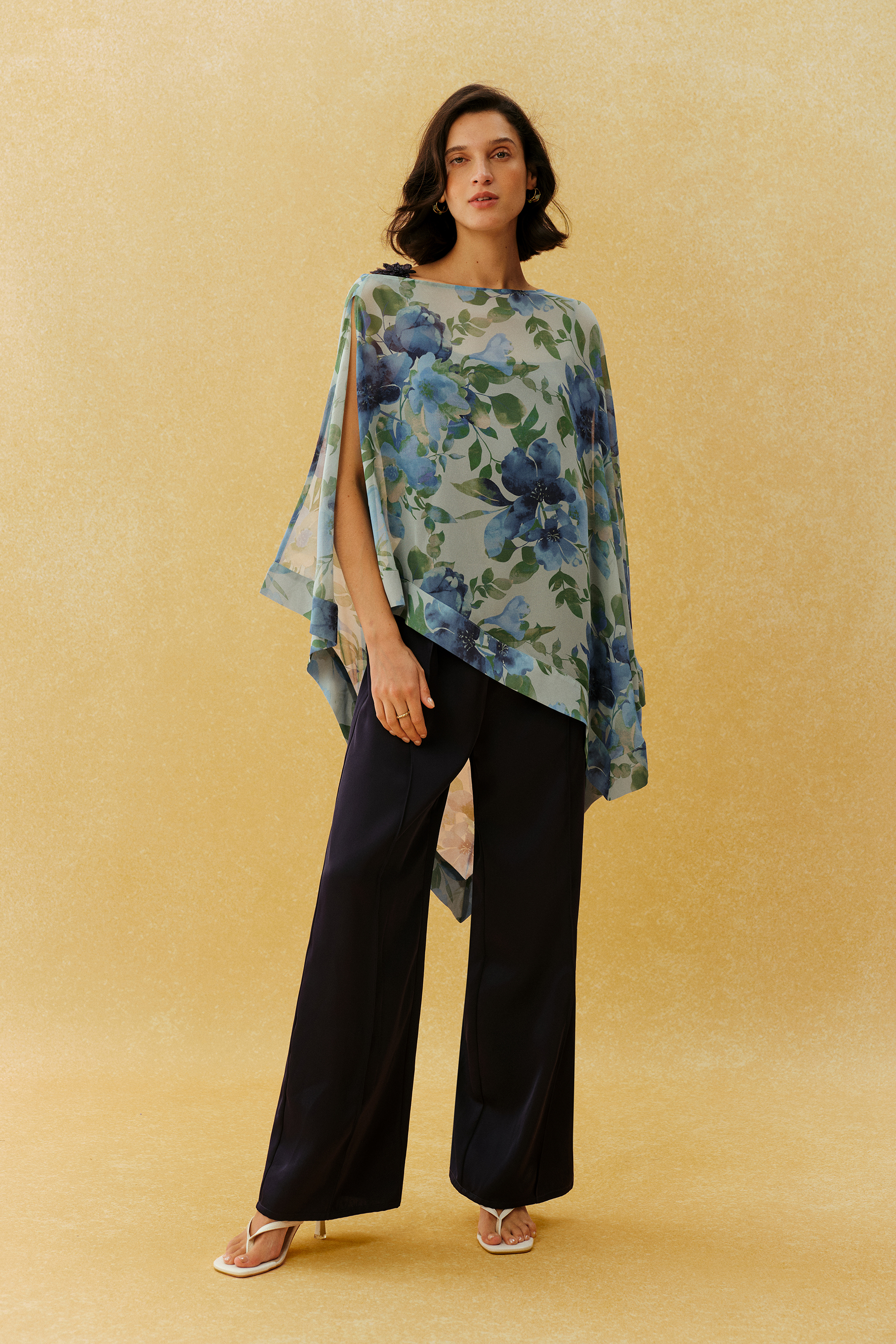 Feels Right Blue Floral Print Chiffon Cape Three Piece Set
