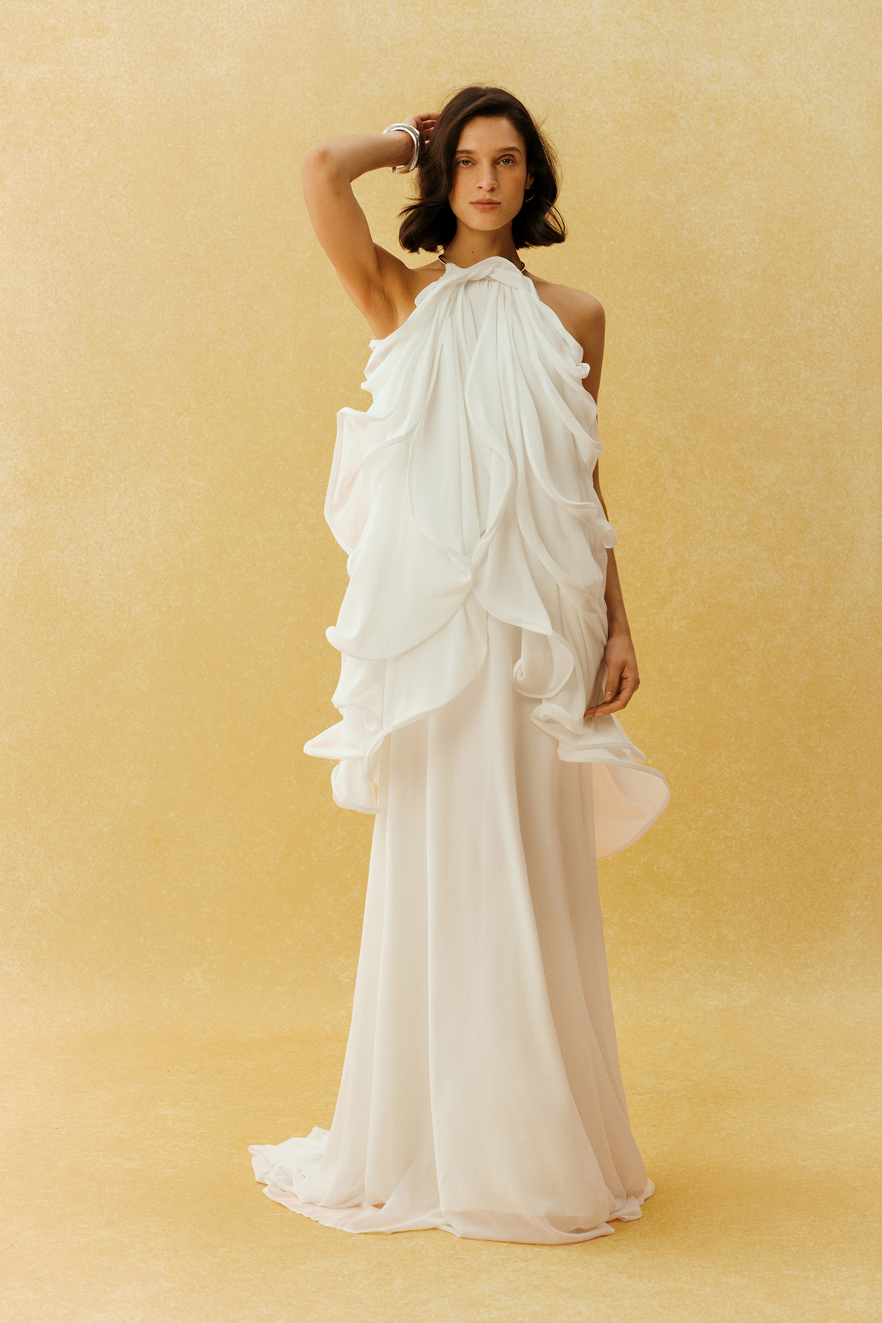Captured Your Heart White Metal Halter Neck Ruffle Maxi Dress