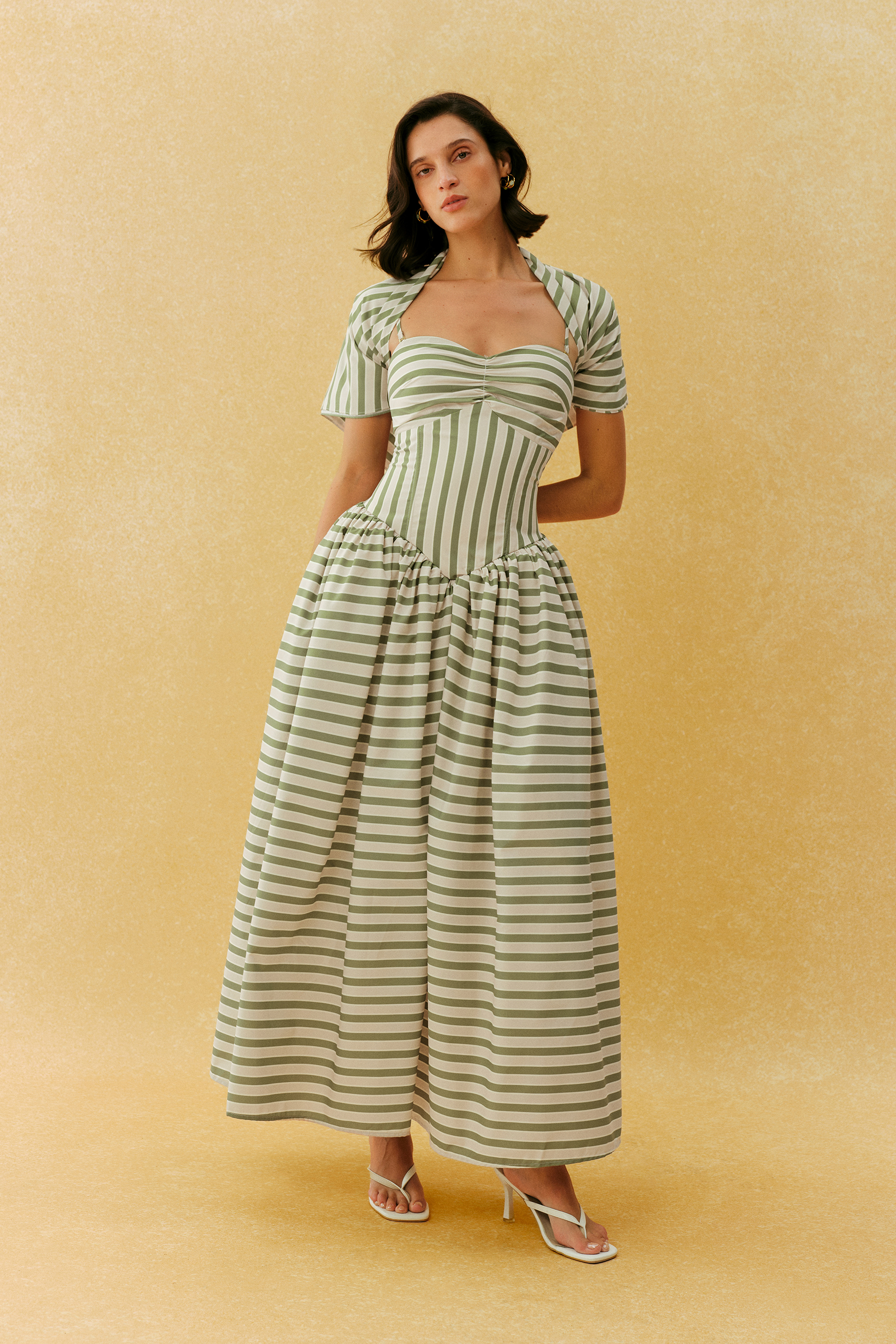 Adorable Impression Beige Stripe Spaghetti Strap Maxi Dress With Headscarf