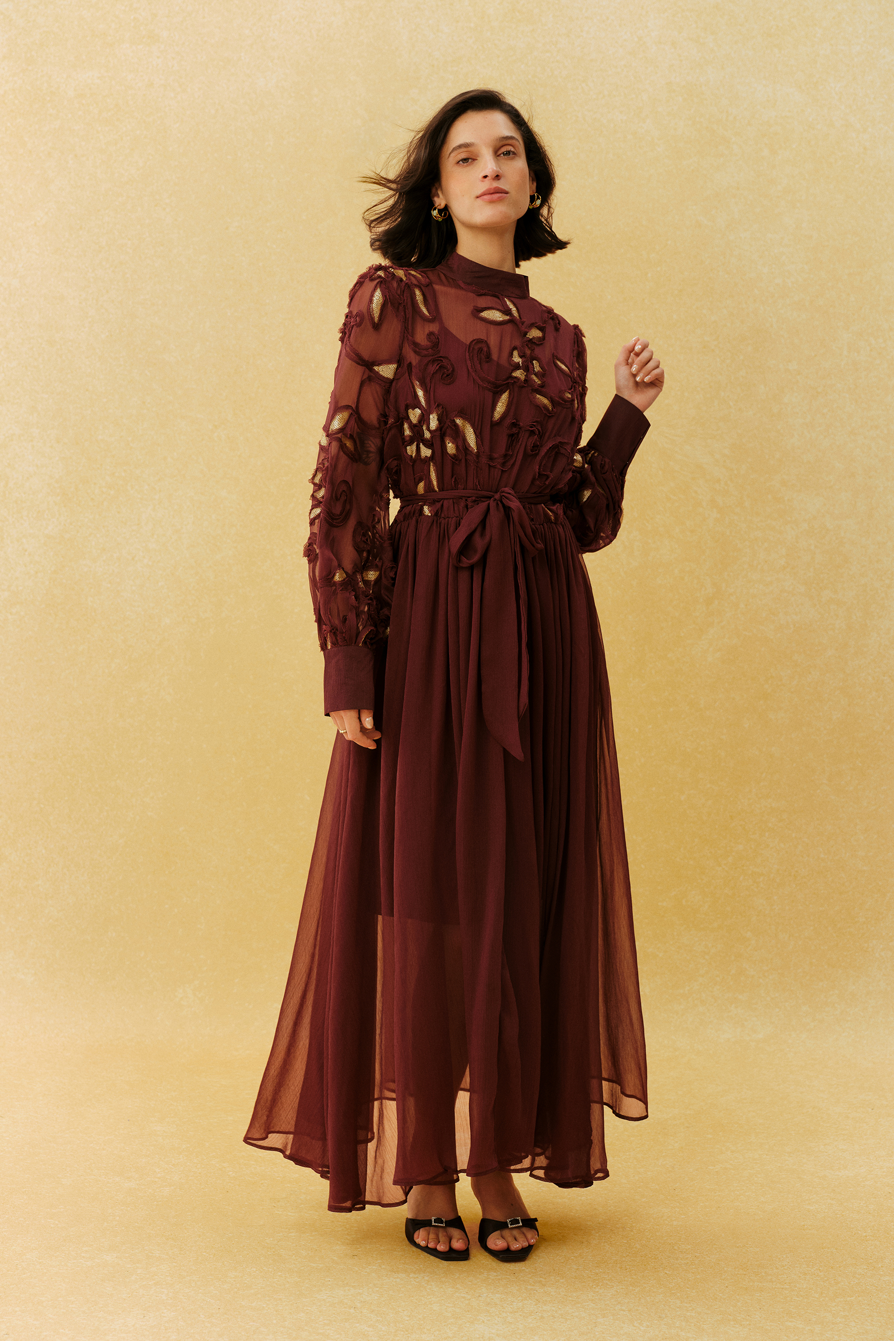 Autumn Affair Burgundy Floral Embroidery Long Sleeve Maxi Dress