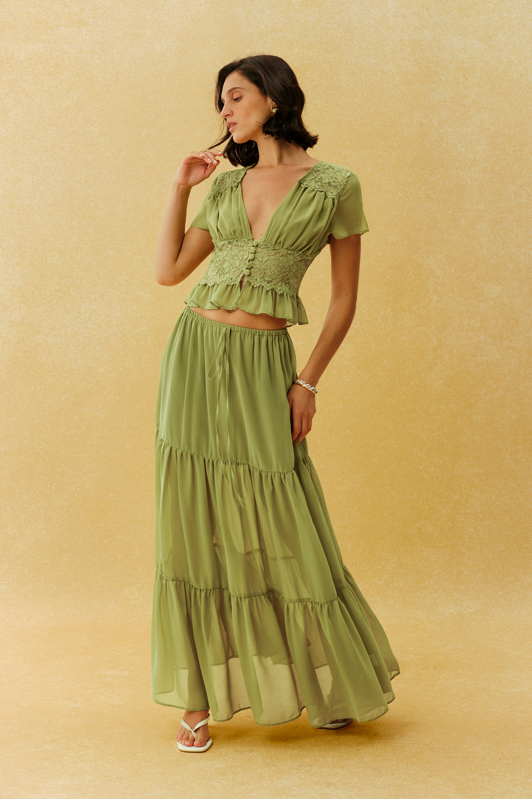 Feeling Like Her Green Short Sleeve Lace Waist Crop Top & Skirt Set