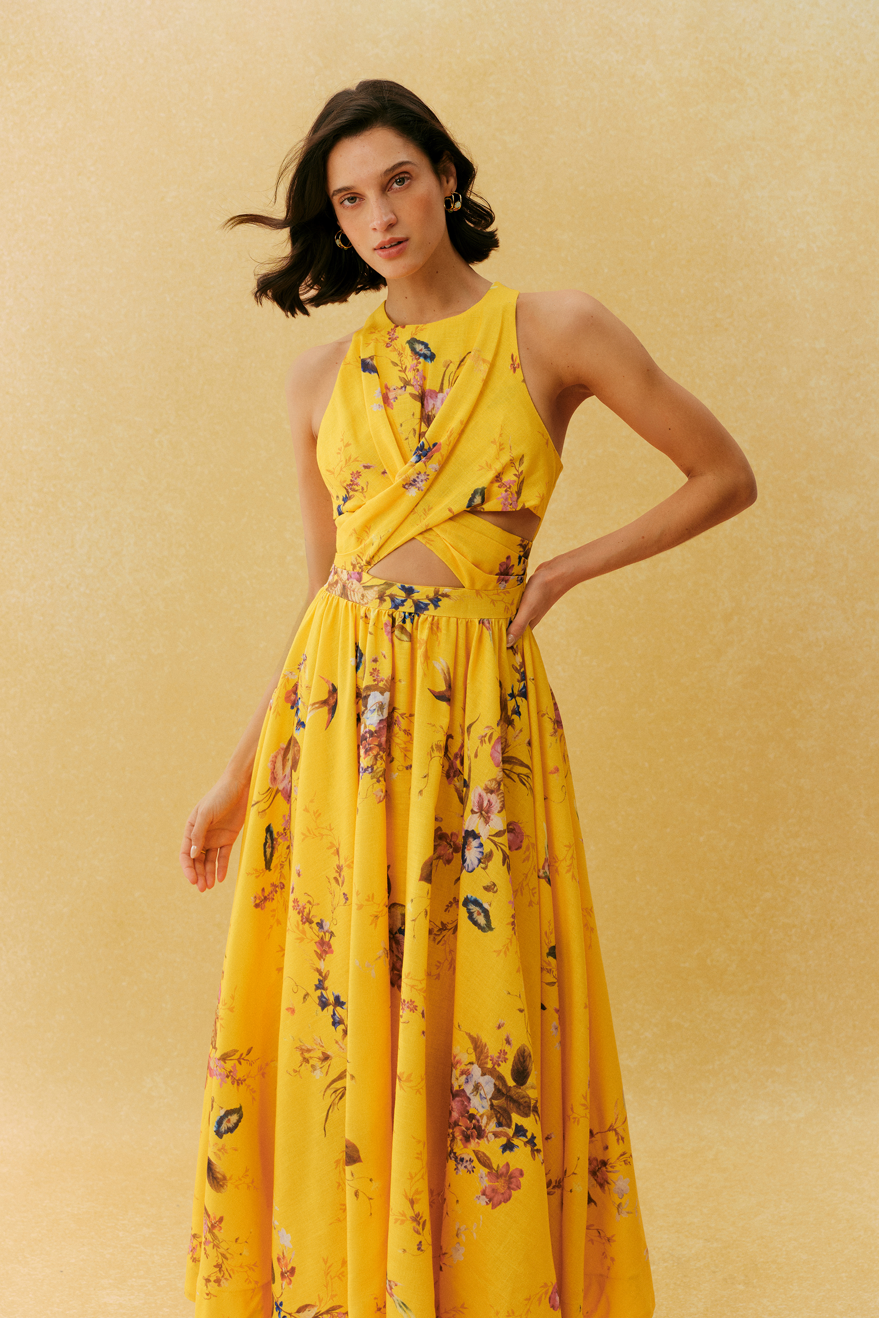 Holiday Mood Yellow Floral Print Cutout Maxi Dress