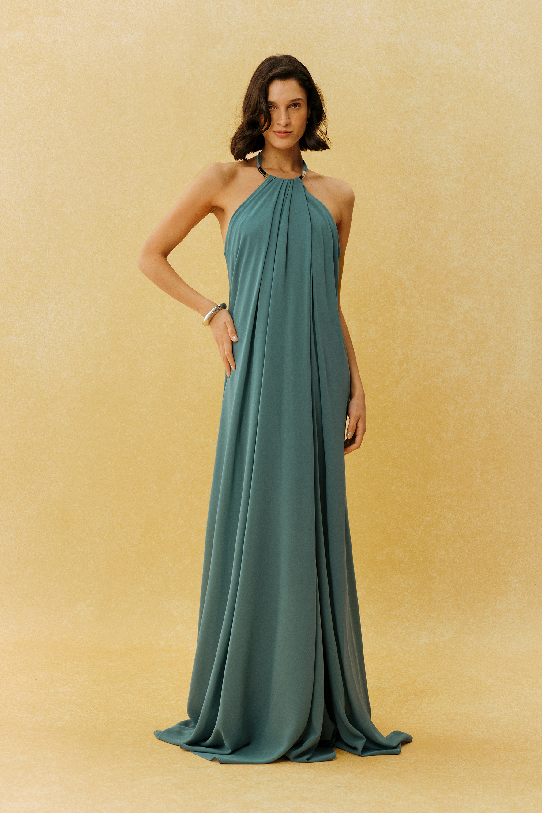 Keep Me Close Sage Green Metal Halter Draped Maxi Dress