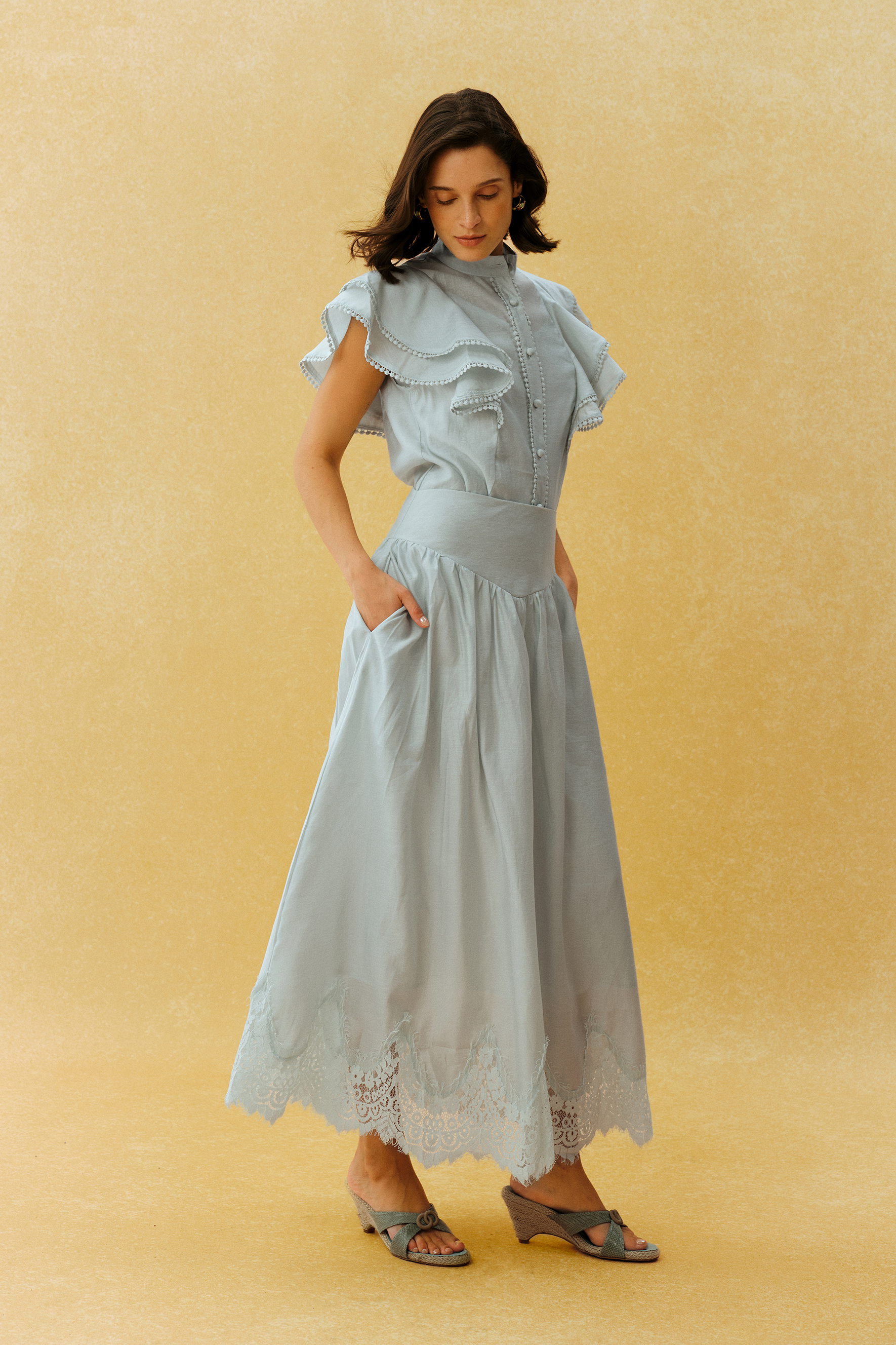 City Romance Blue Ruffle Sleeve Blouse & Lace Hem Skirt Set