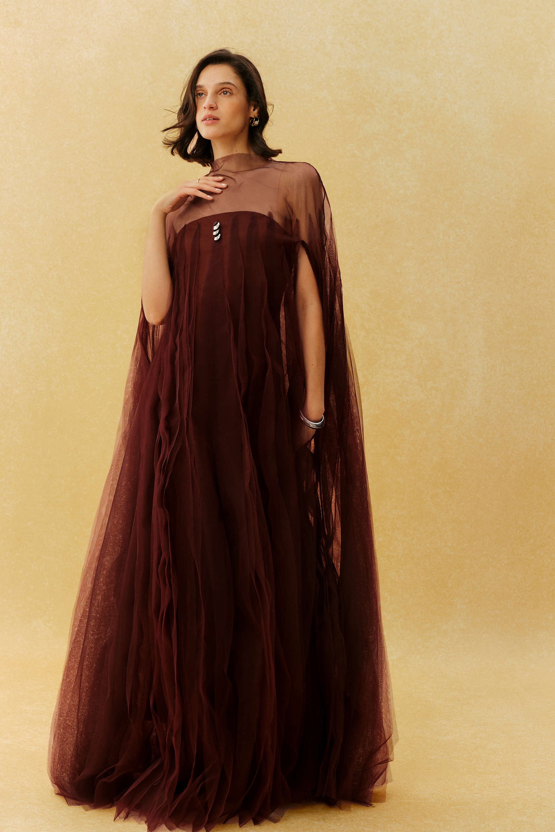 Main Character Burgundy Layered Ruffle Sheer Tulle Maxi Dress