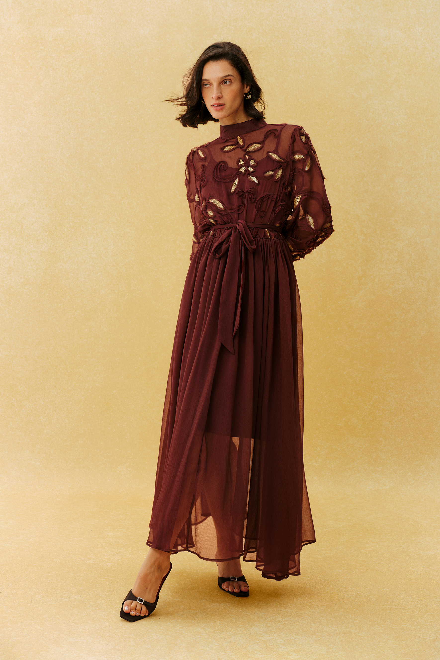 Autumn Affair Burgundy Floral Embroidery Long Sleeve Maxi Dress