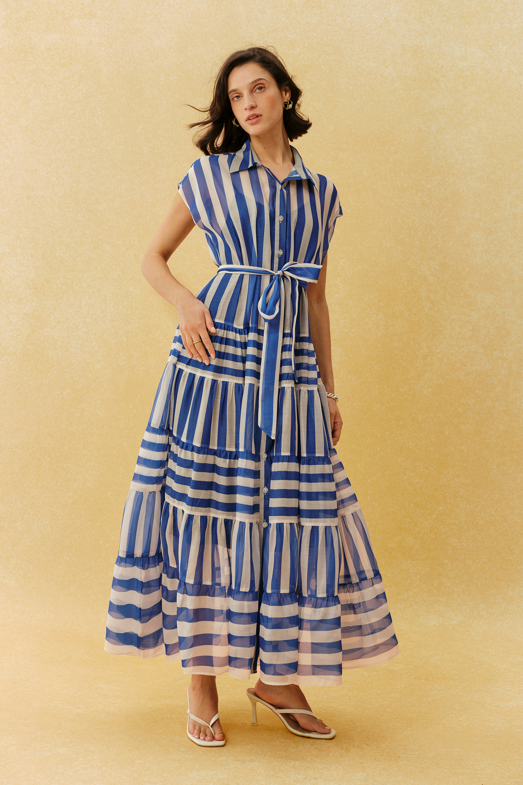 Breezy Little Secret Blue Striped Cap Sleeve Maxi Dress