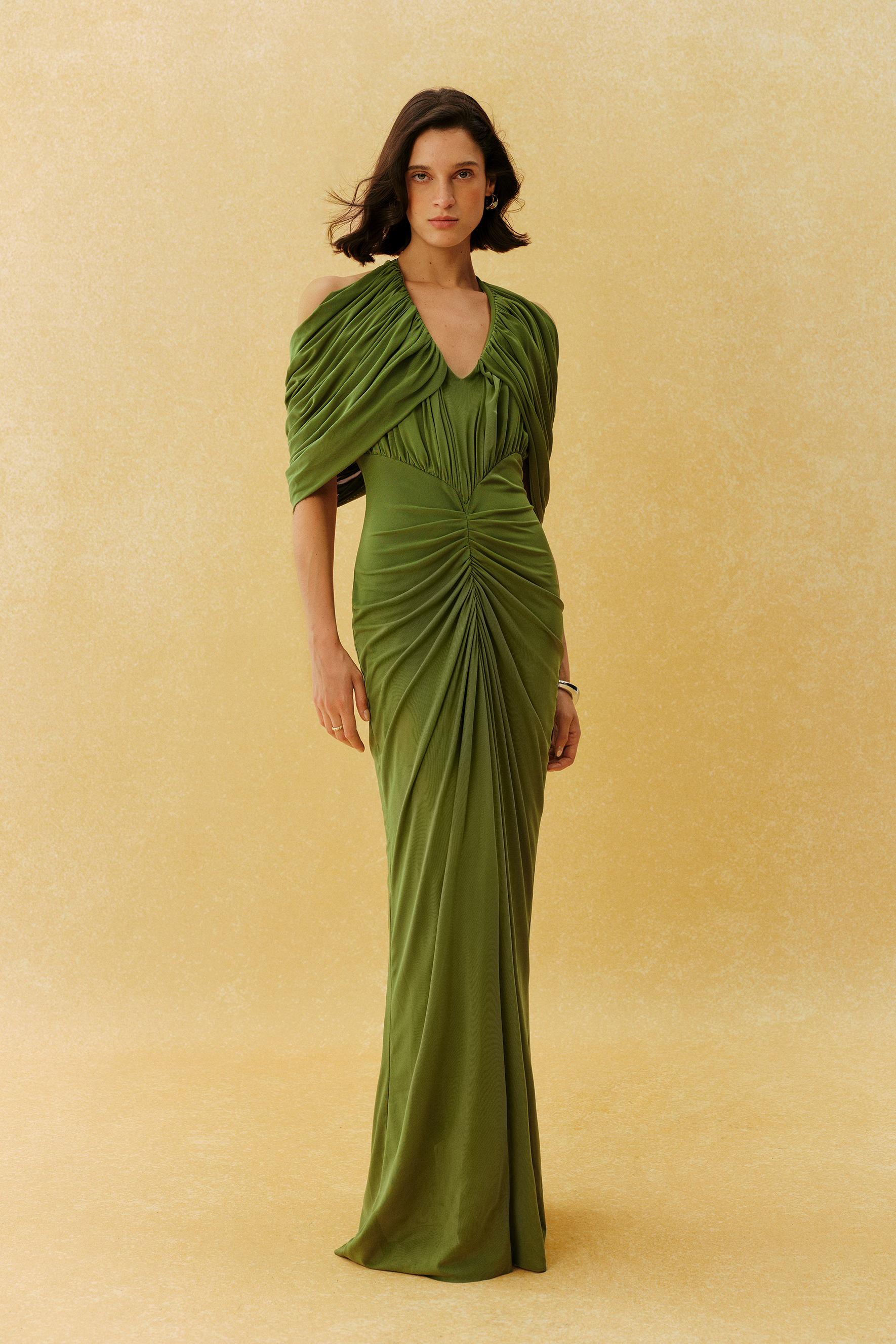 Graceful Arrival Green Draped V Neck Ruched Maxi Dress