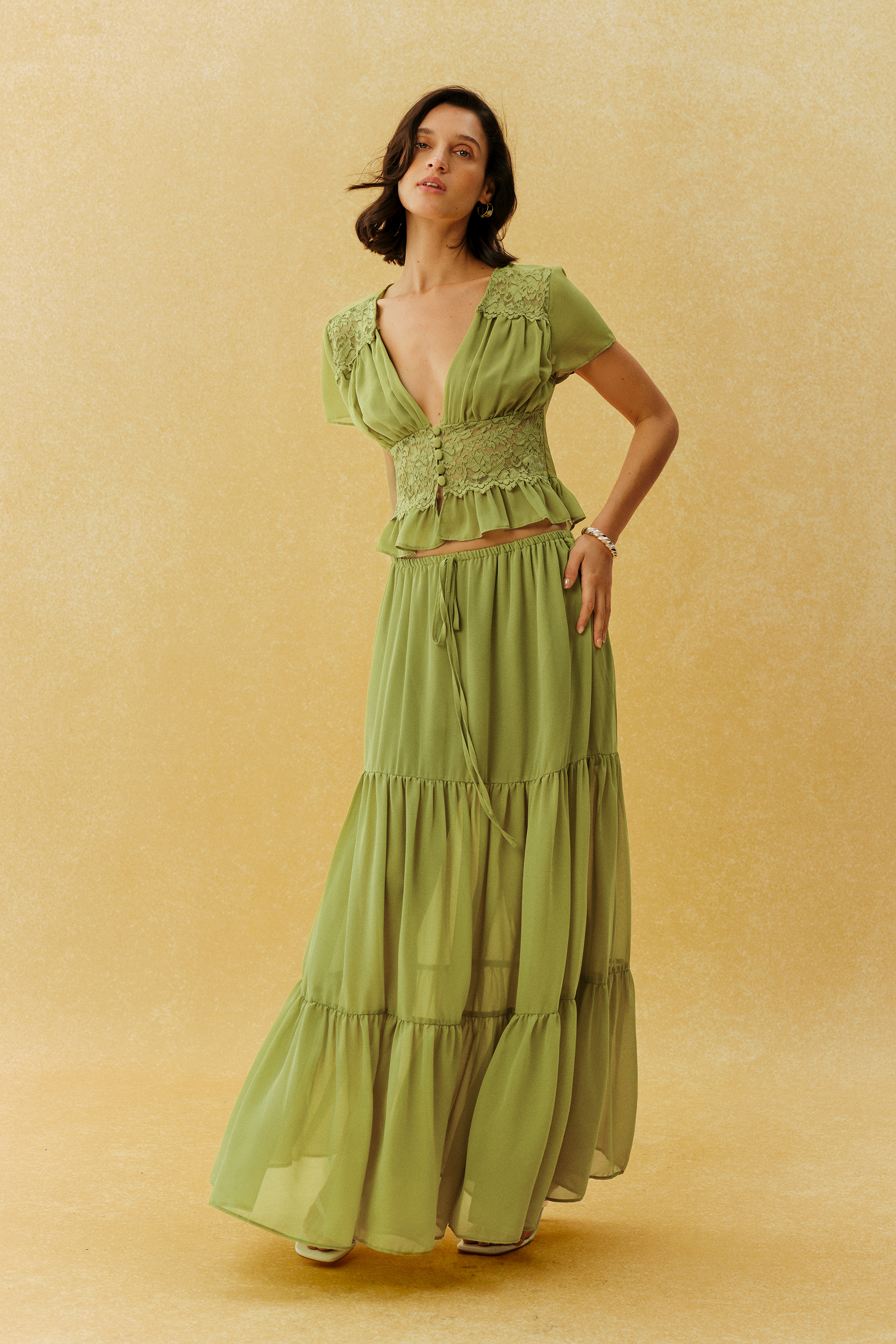 Feeling Like Her Green Short Sleeve Lace Waist Crop Top & Skirt Set