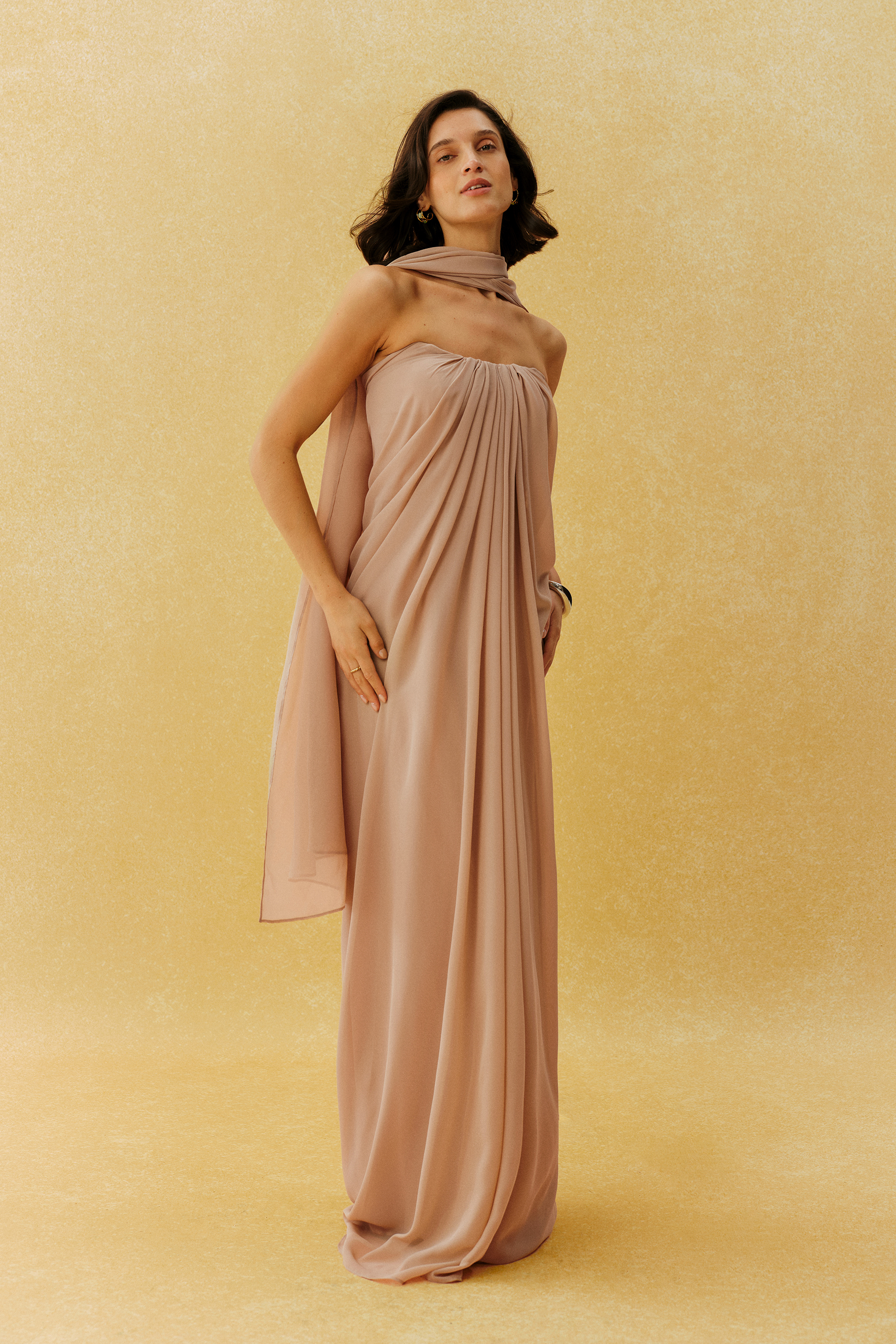 She’s A Muse Khaki Strapless Maxi Dress With Scarf