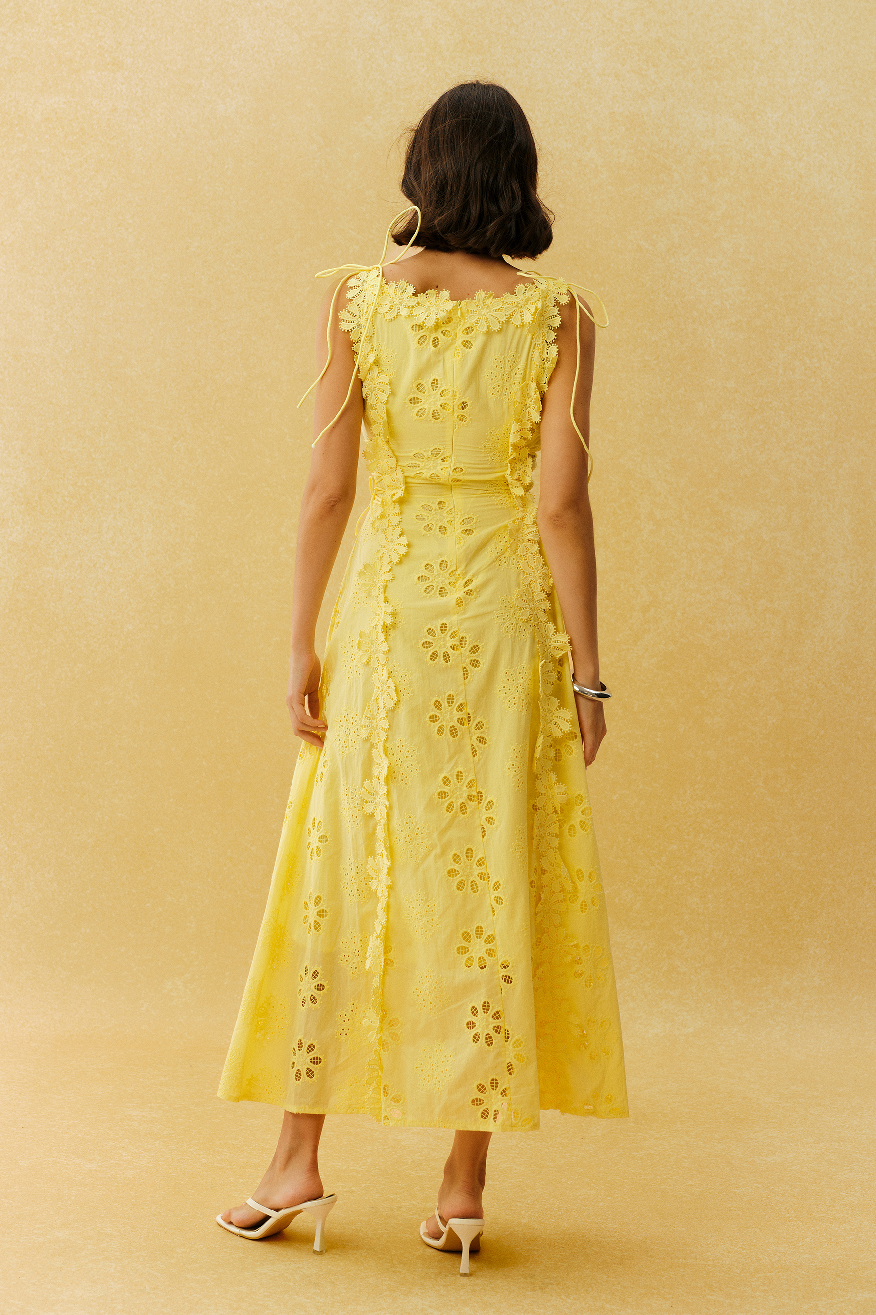 Runaway Darling Yellow Floral Embroidery Tie Strap Maxi Dress