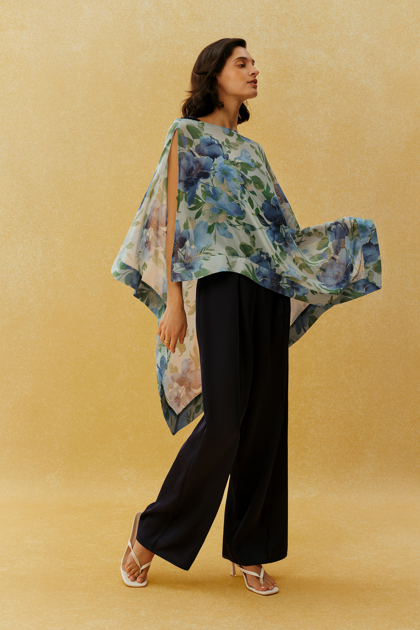 Feels Right Blue Floral Print Chiffon Cape Three Piece Set