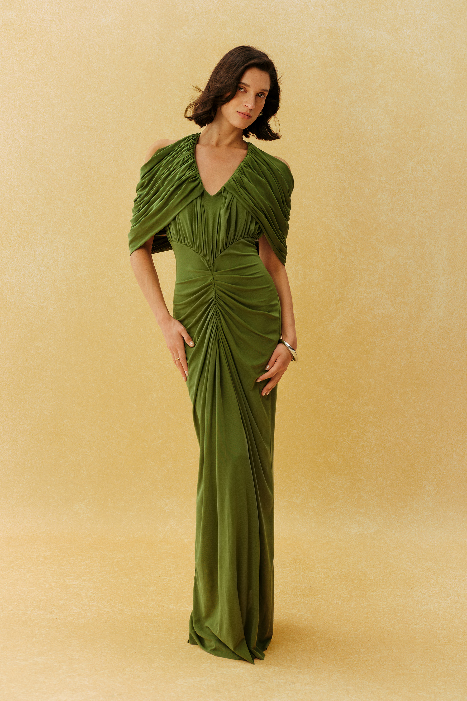 Graceful Arrival Green Draped V Neck Ruched Maxi Dress