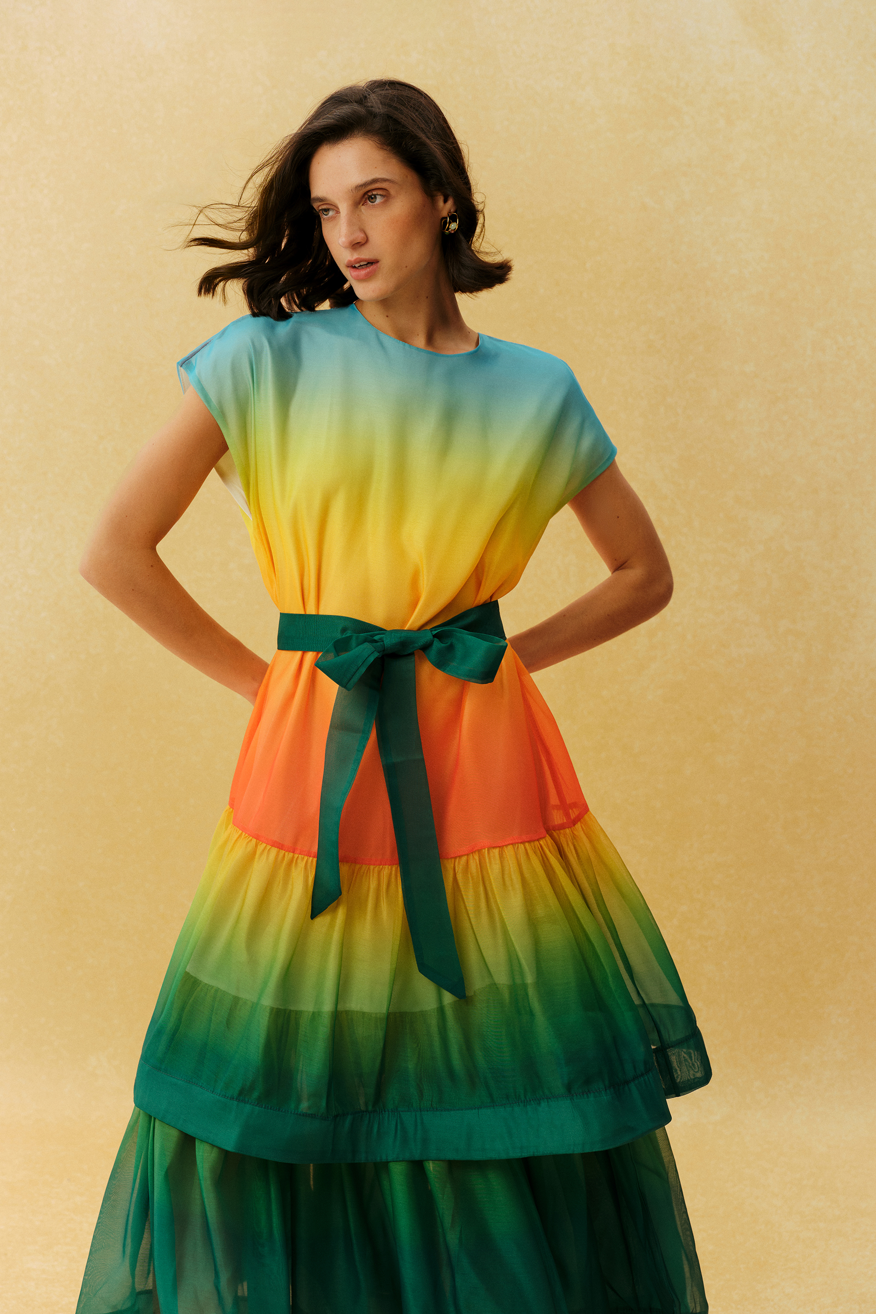 Authentically Yours Multi Gradient Cap Sleeve Tiered Maxi Dress