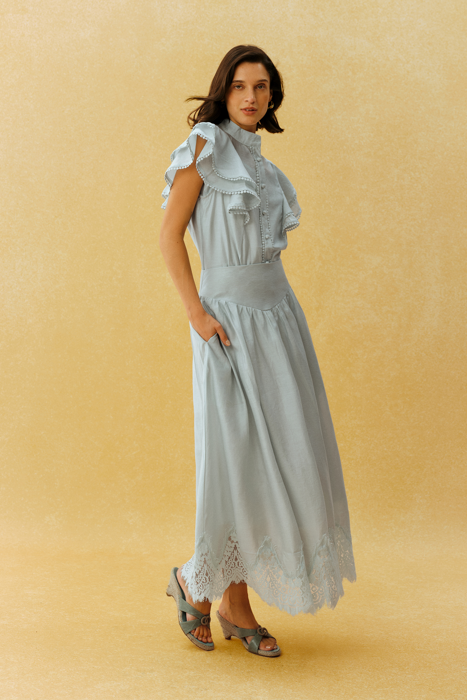 City Romance Blue Ruffle Sleeve Blouse & Lace Hem Skirt Set