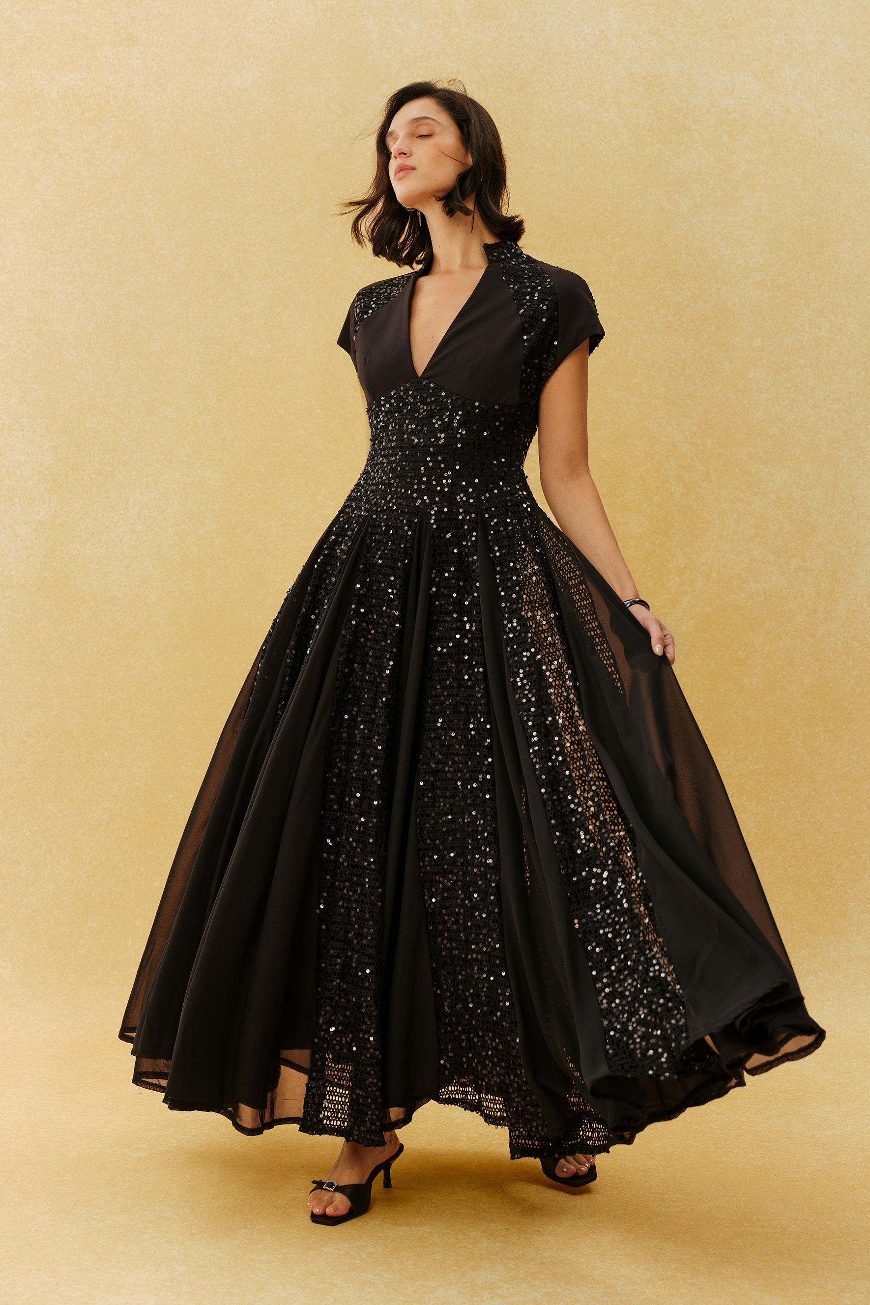 Just Enough Black Sequin V Neck Cap Sleeve Maxi Dress