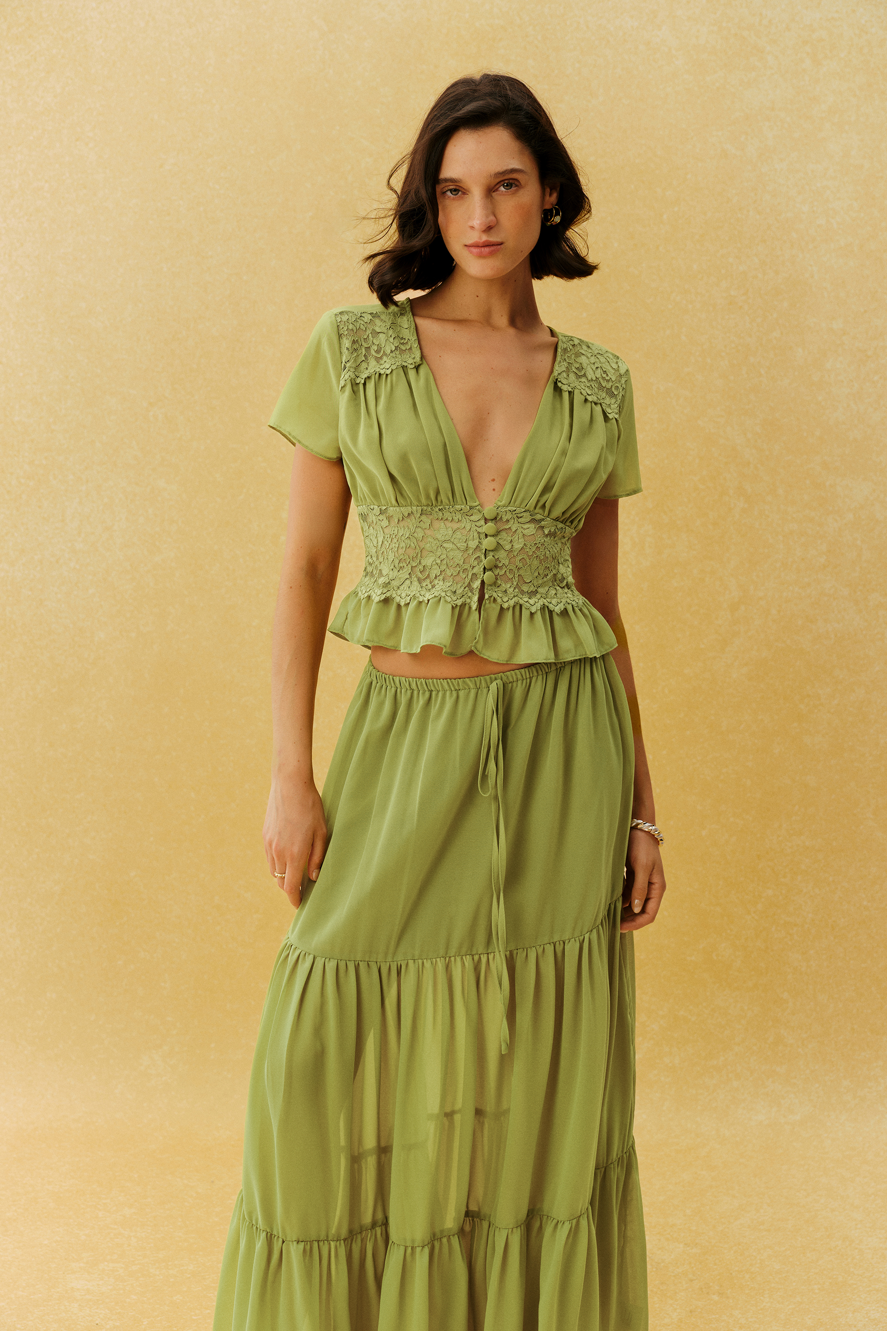 Feeling Like Her Green Short Sleeve Lace Waist Crop Top & Skirt Set