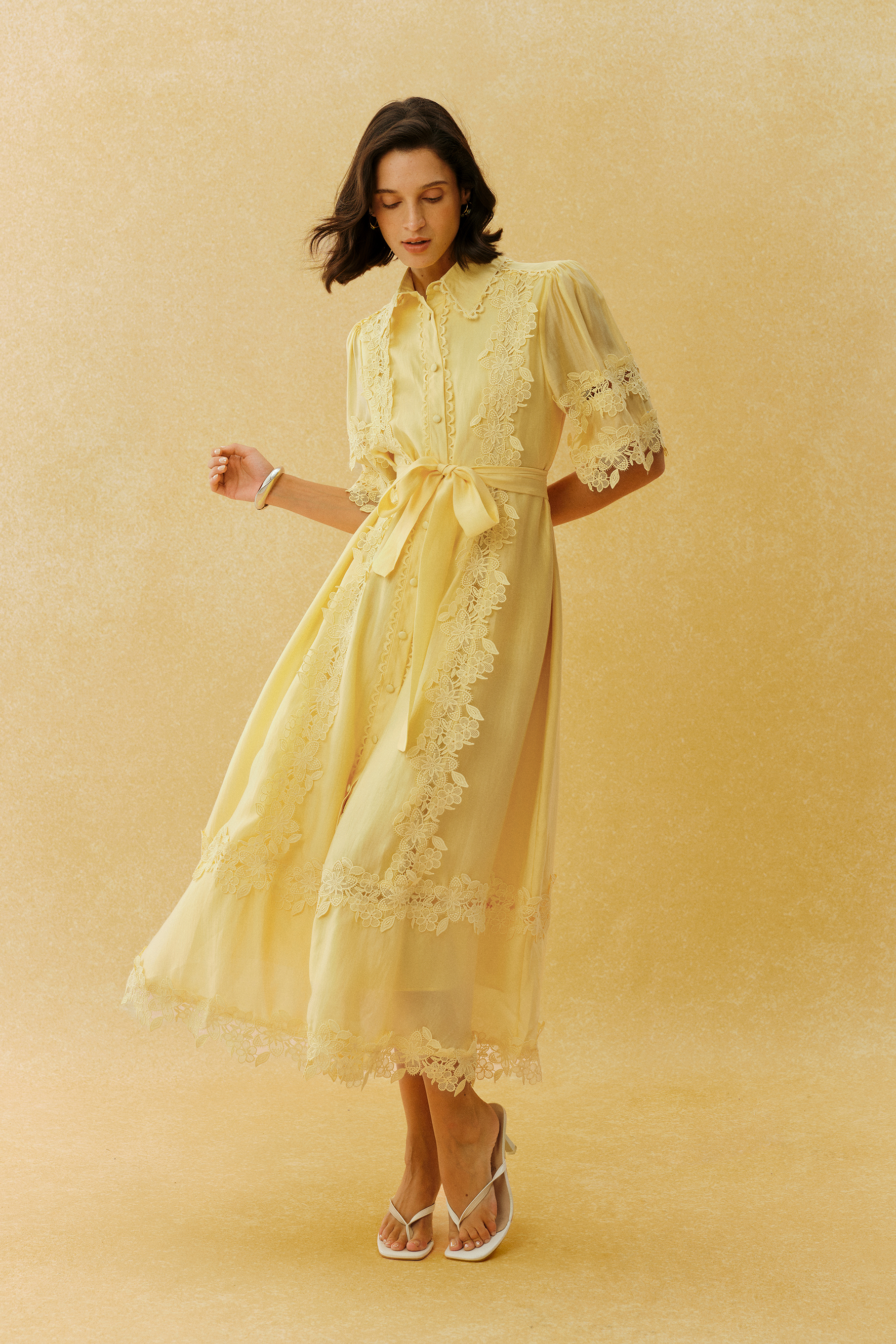 Chasing The Sun Yellow Lace Trim Short Sleeve Midi Dress
