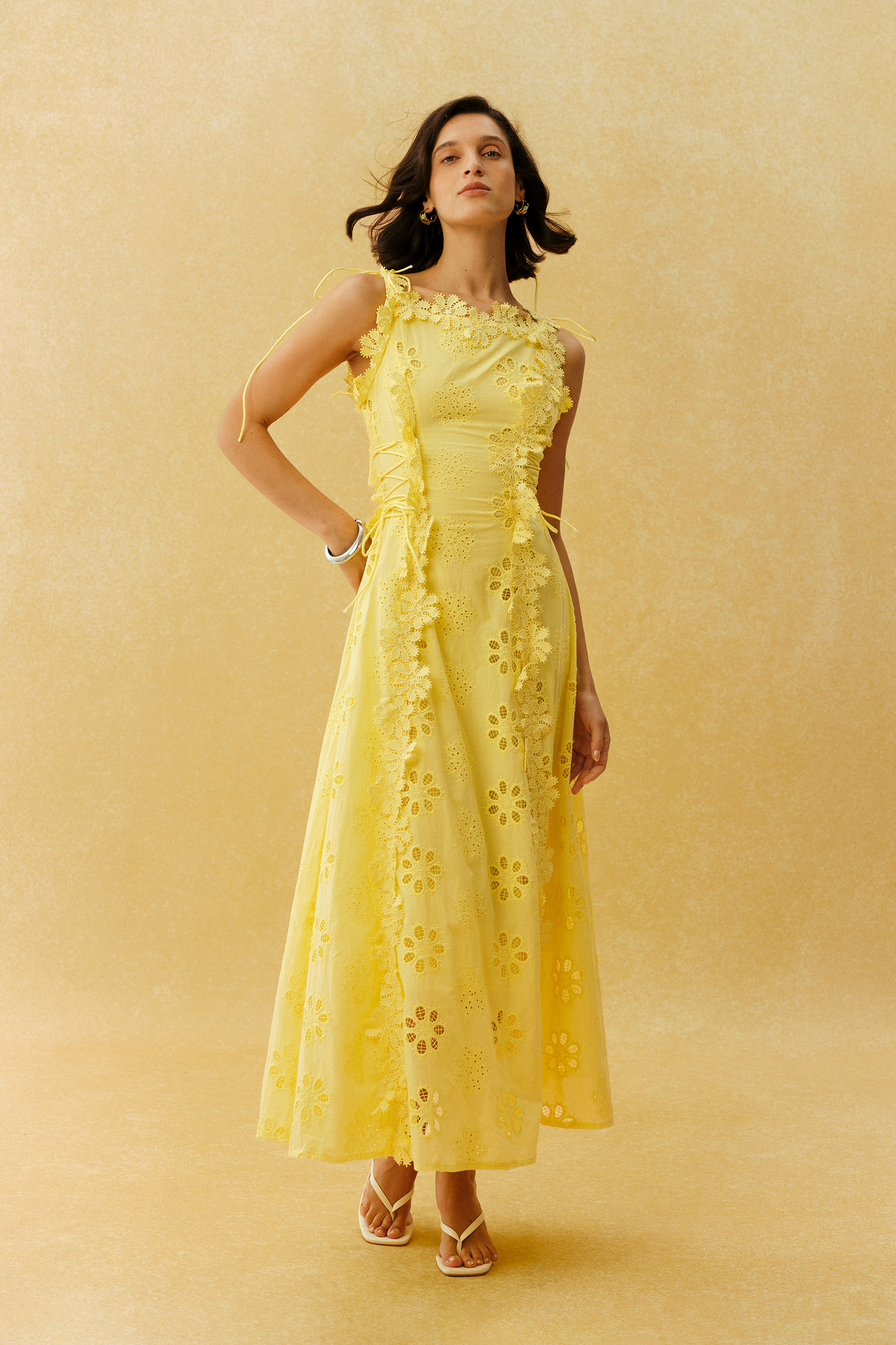 Runaway Darling Yellow Floral Embroidery Tie Strap Maxi Dress