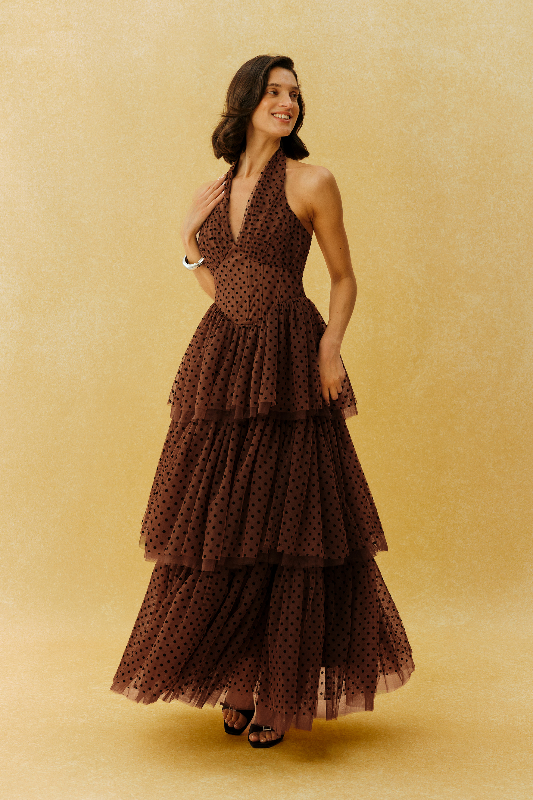 Lasting Allure Brown Polka Dot Halter Neck Tulle Maxi Dress