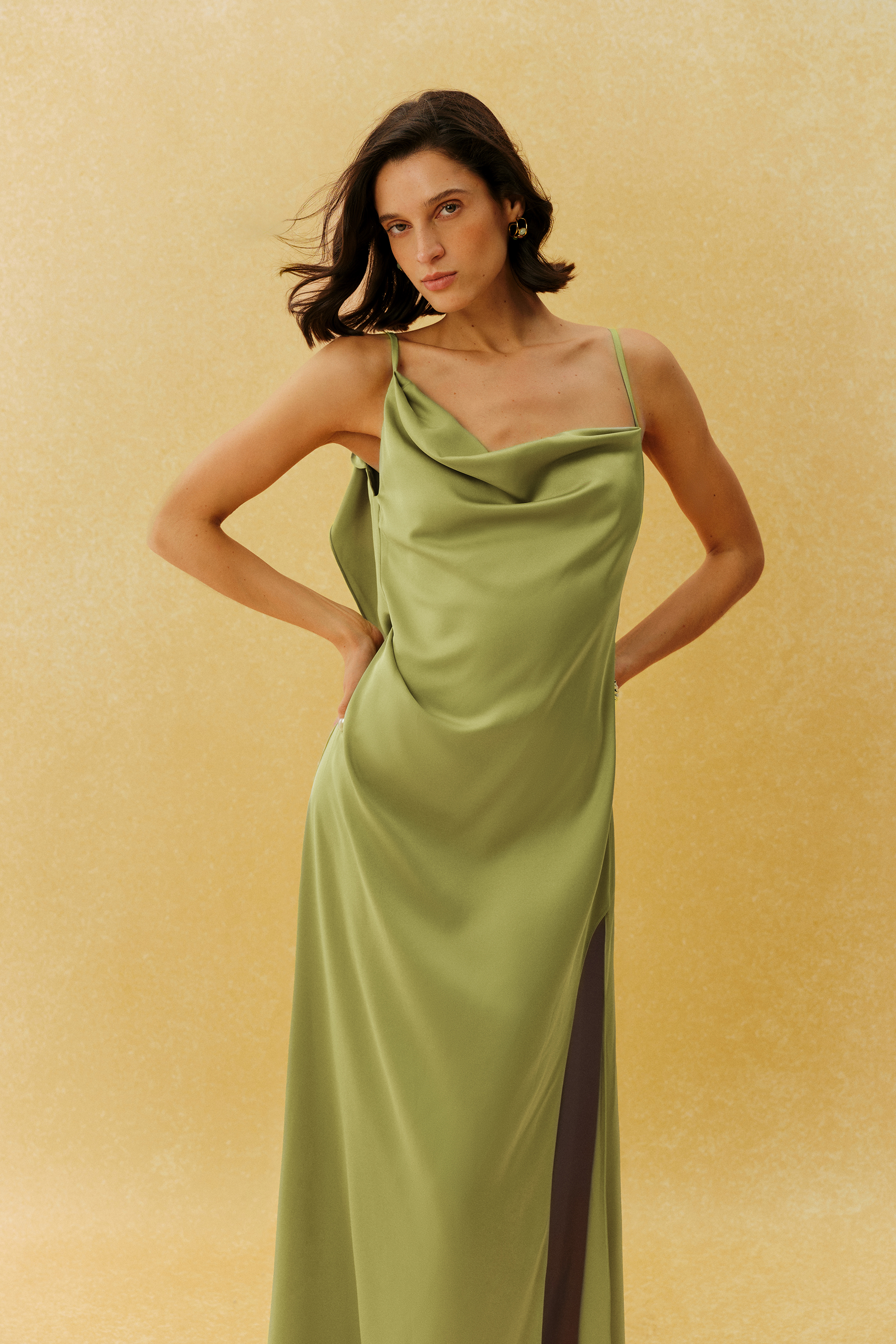 Paula Backless Ruffle Detail Satin Maxi Dress