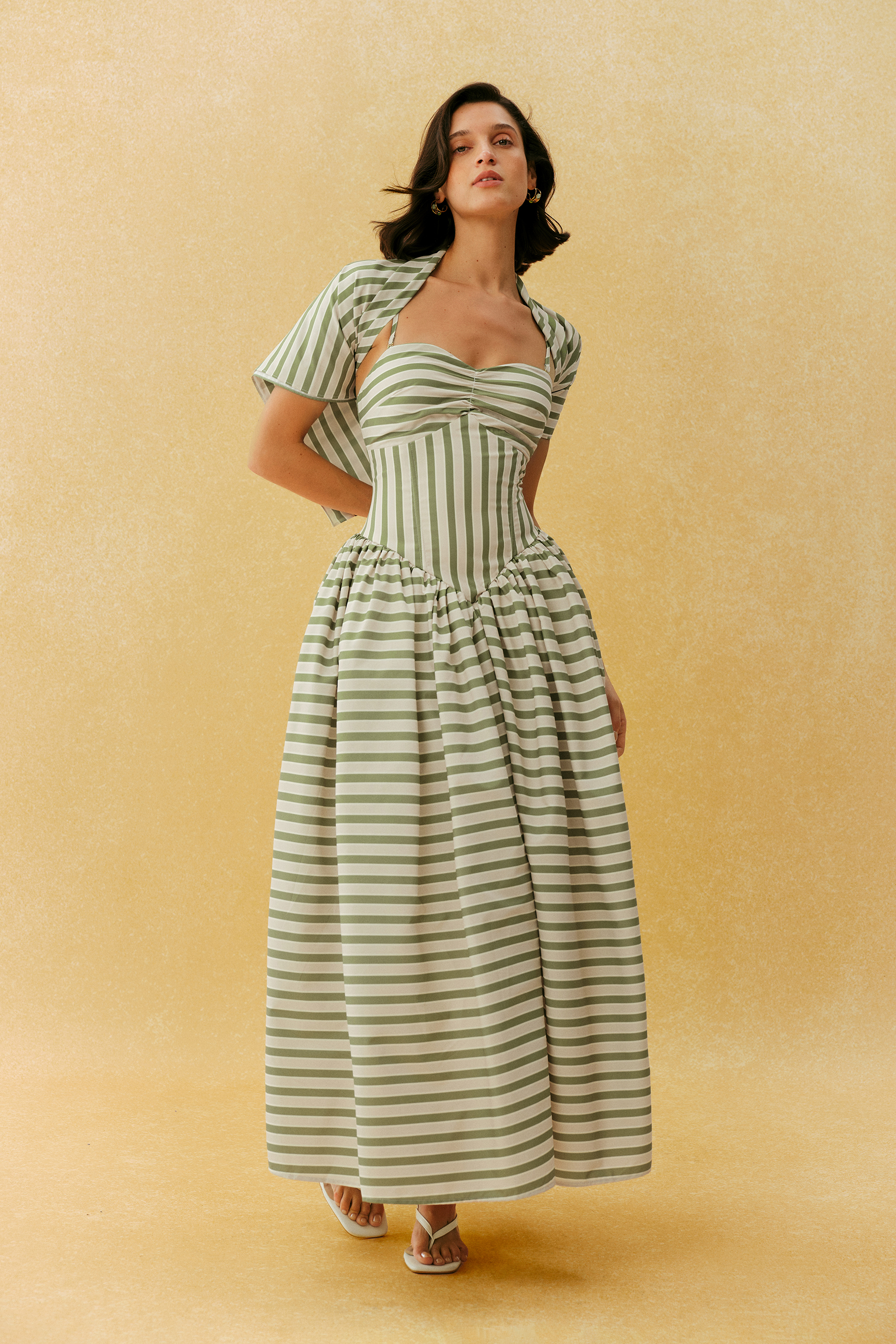 Adorable Impression Beige Stripe Spaghetti Strap Maxi Dress With Headscarf