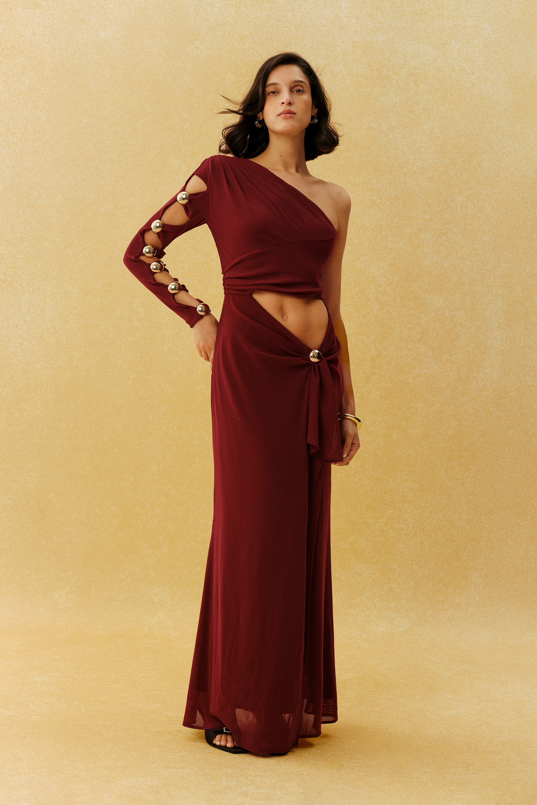 Focused Glamour Burgundy One Shoulder Cutout Metal Bead Maxi Dress