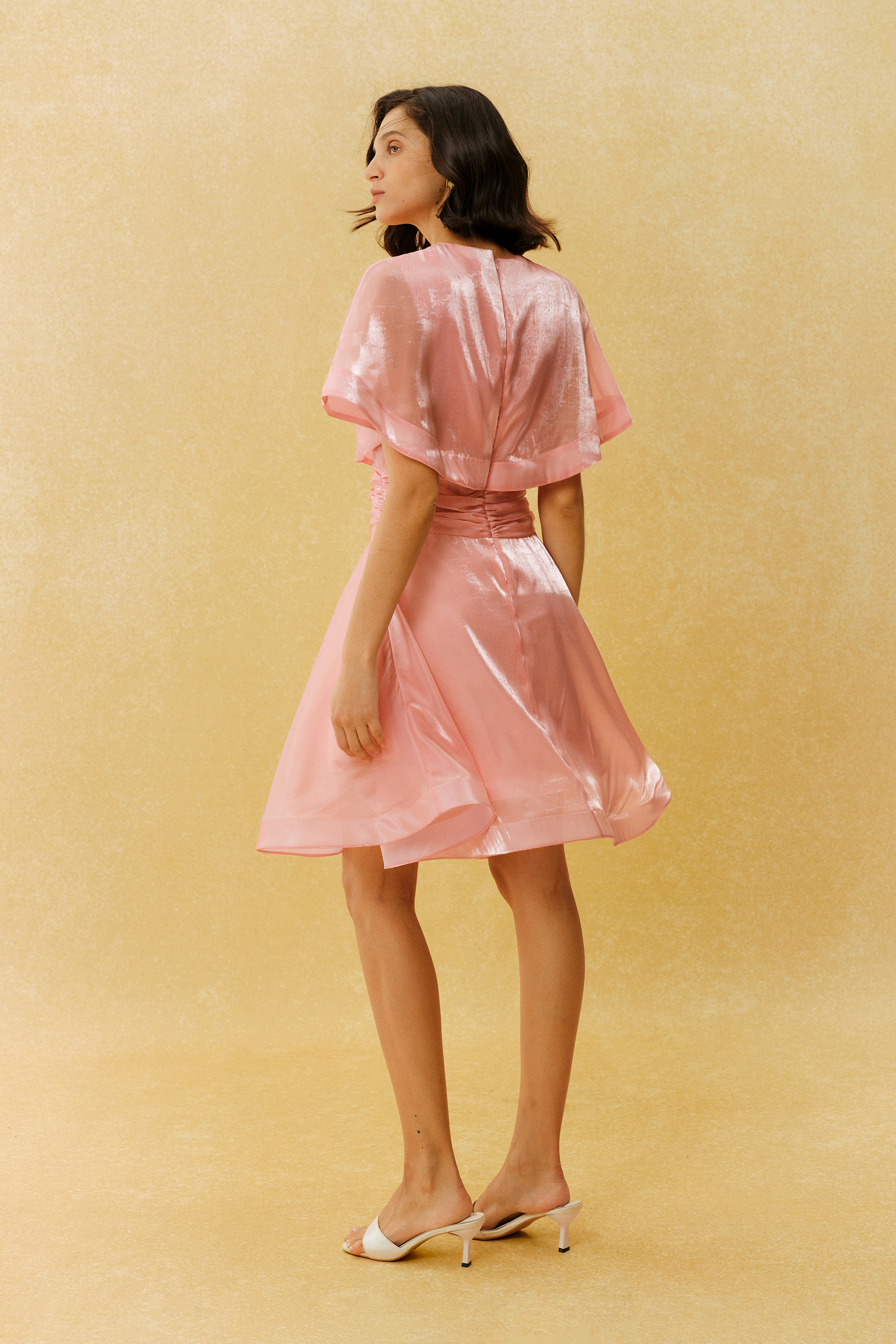 Came For You Pink Cape Sleeve Ruched Waist Mini Dress