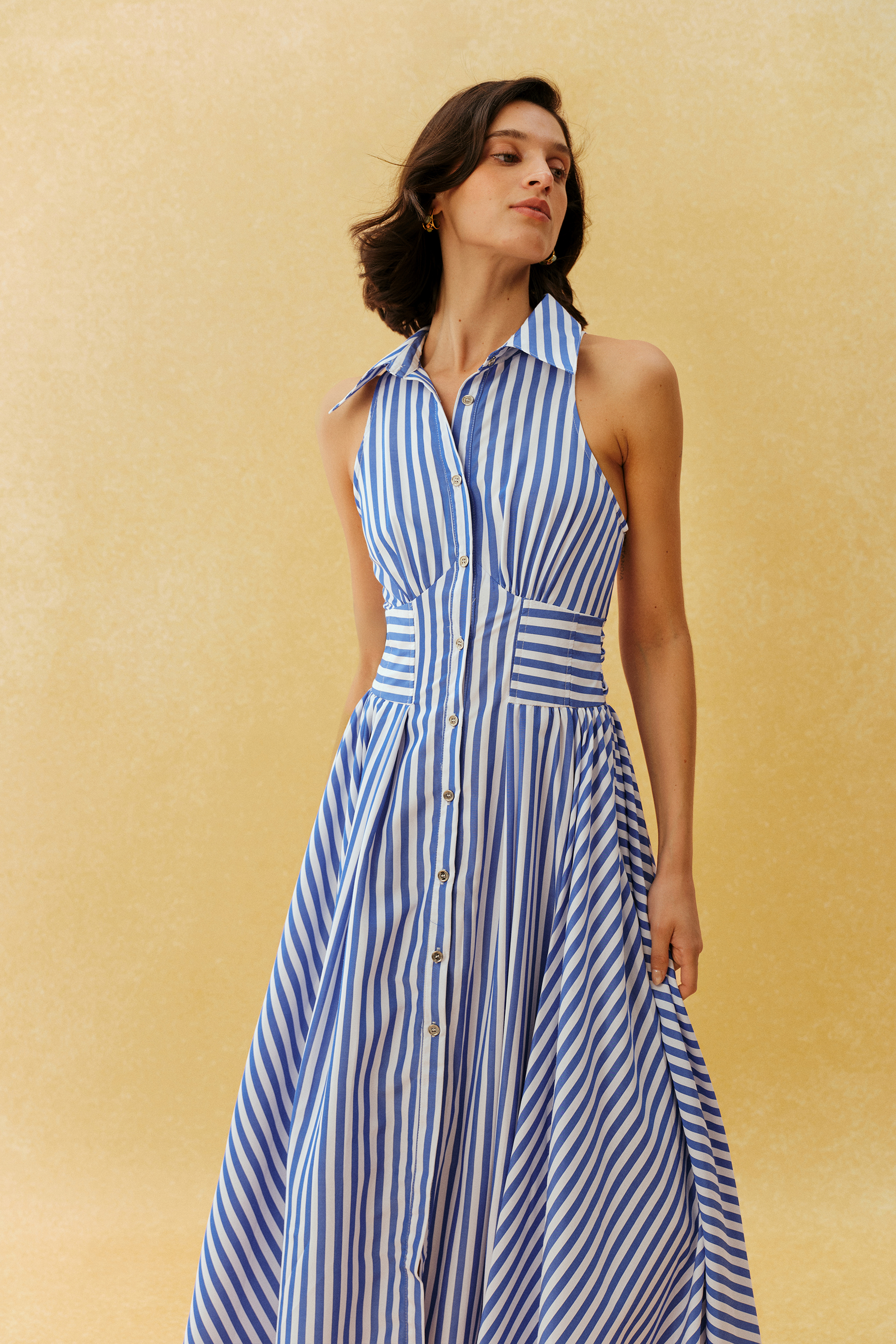 Favourite Girl Blue Striped Collar Sleeveless Maxi Dress