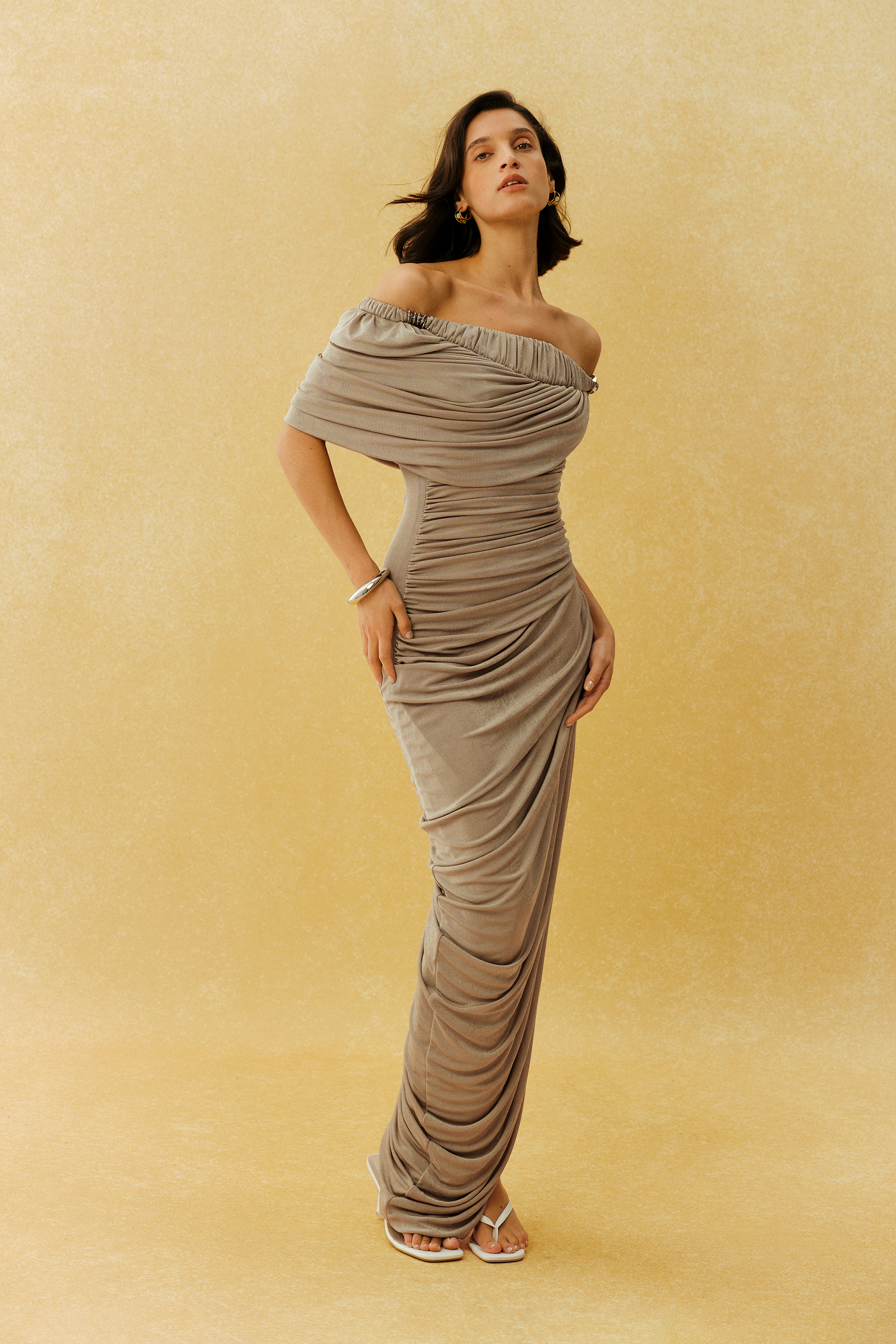 Captured Your Gaze Khaki Off Shoulder Ruched Wrap Maxi Dress