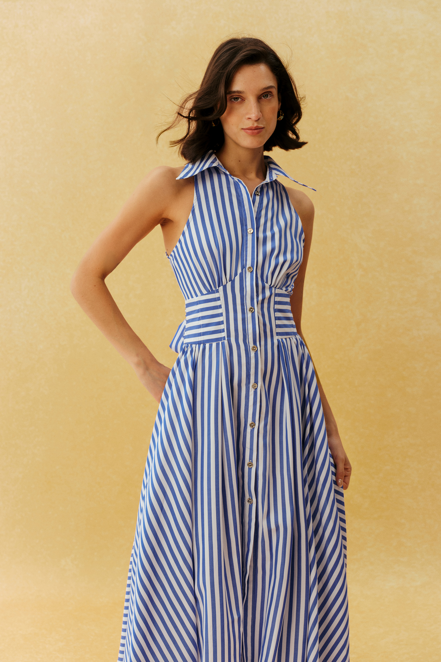 Favourite Girl Blue Striped Collar Sleeveless Maxi Dress
