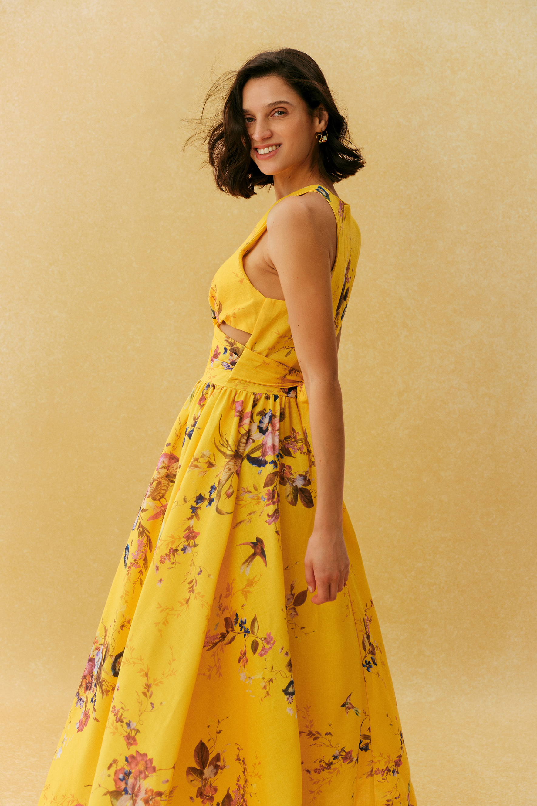 Holiday Mood Yellow Floral Print Cutout Maxi Dress