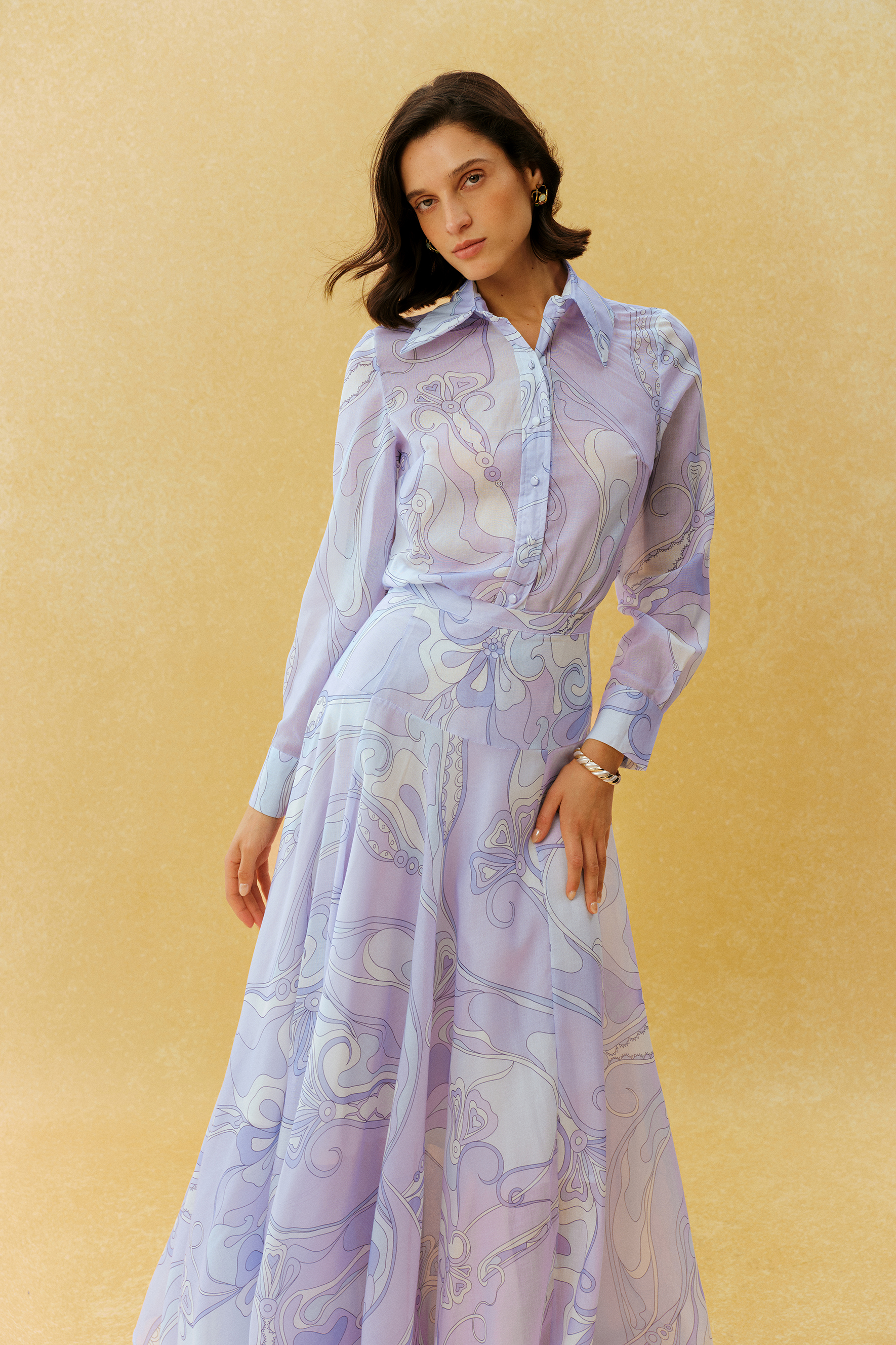 Casual Mood Purple Abstract Print Shirt & Maxi Skirt Set