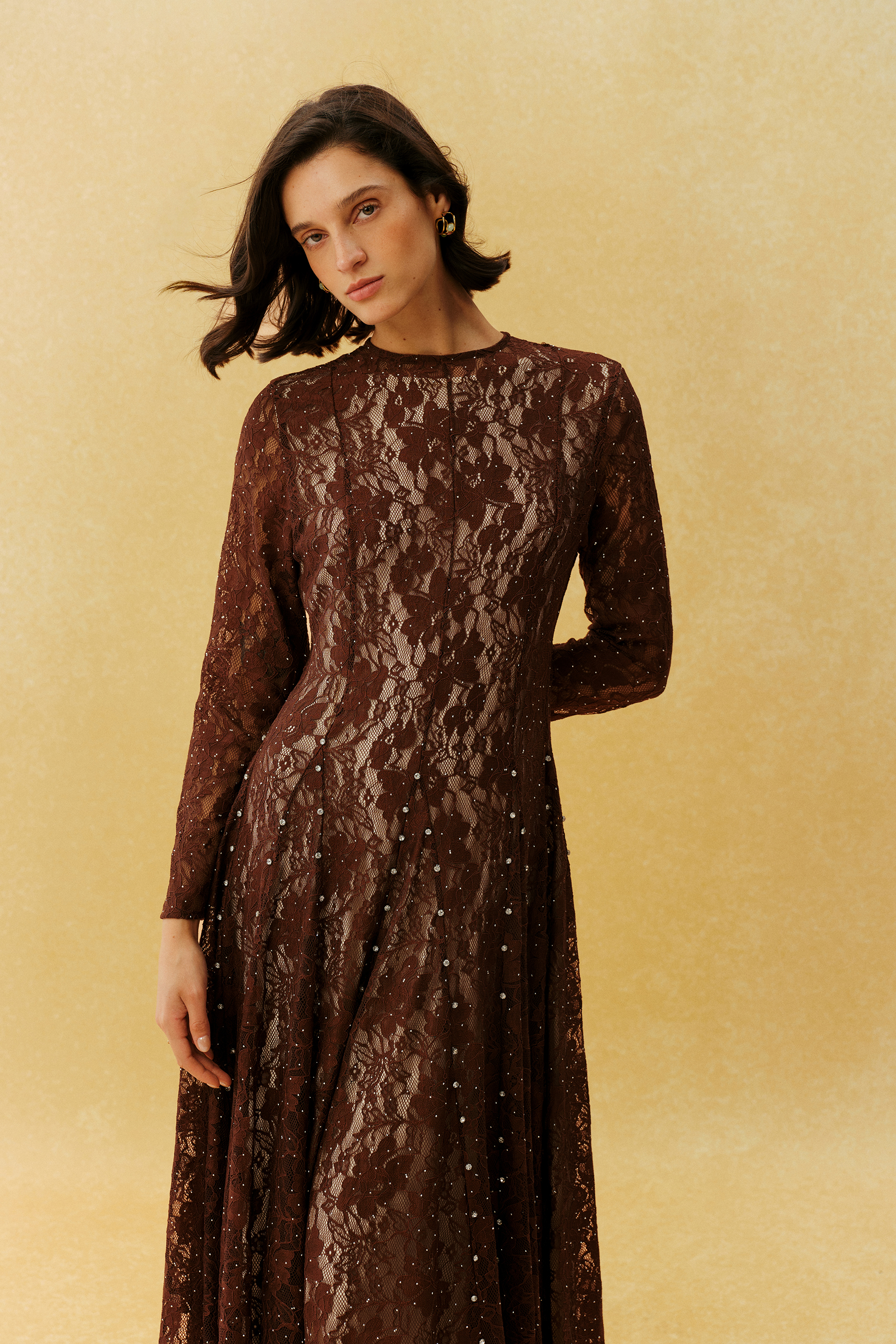 Little Secret Brown Floral Lace Embellished Long Sleeve Maxi Dress