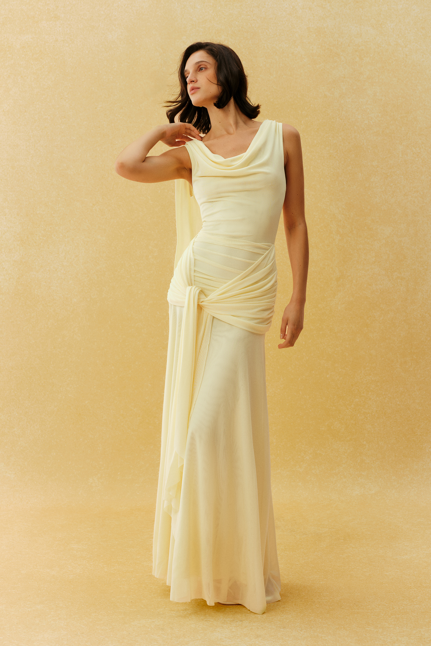 Easy Elegance Yellow Cowl Neck Tie Waist Maxi Dress