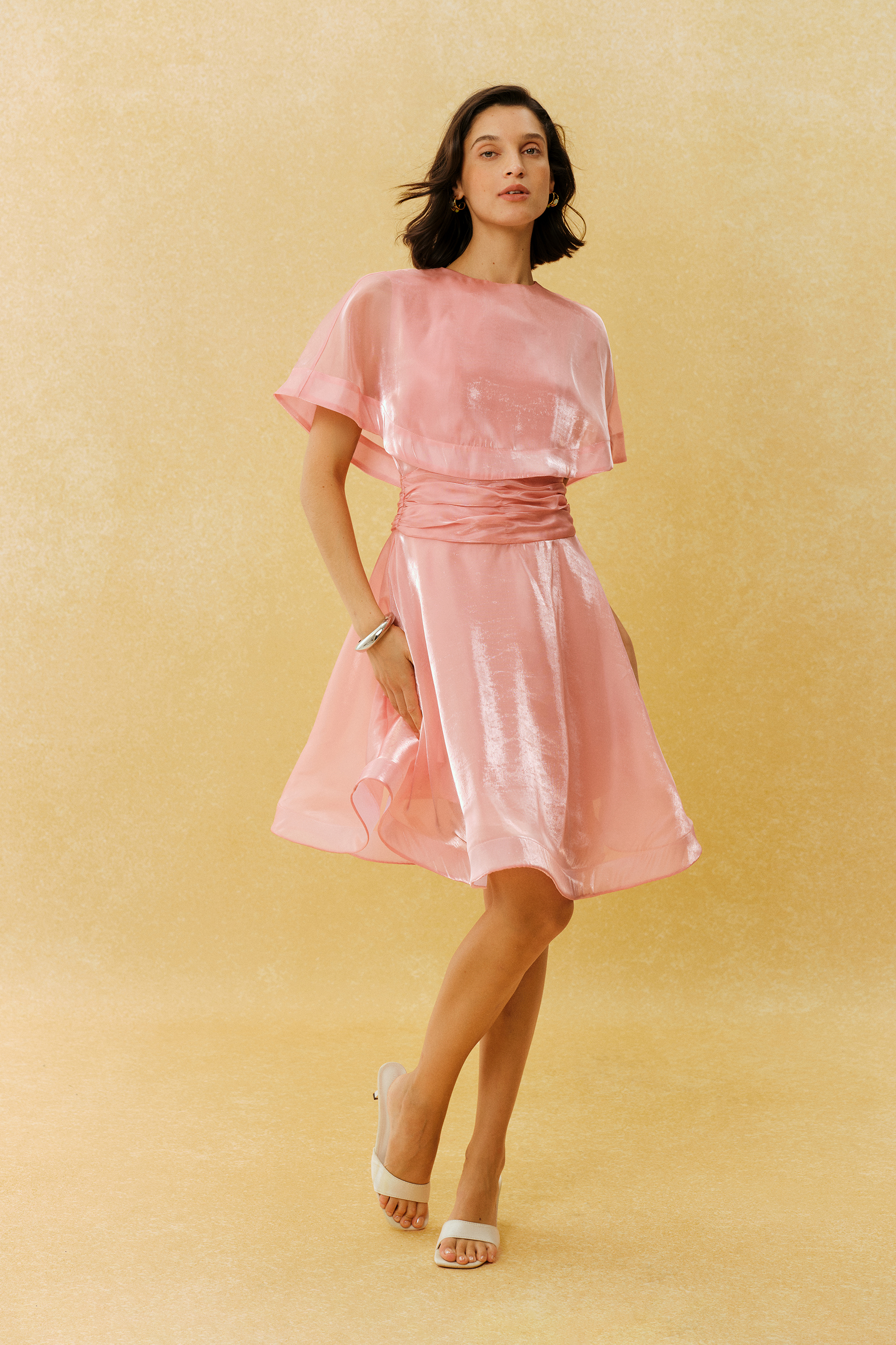 Came For You Pink Cape Sleeve Ruched Waist Mini Dress