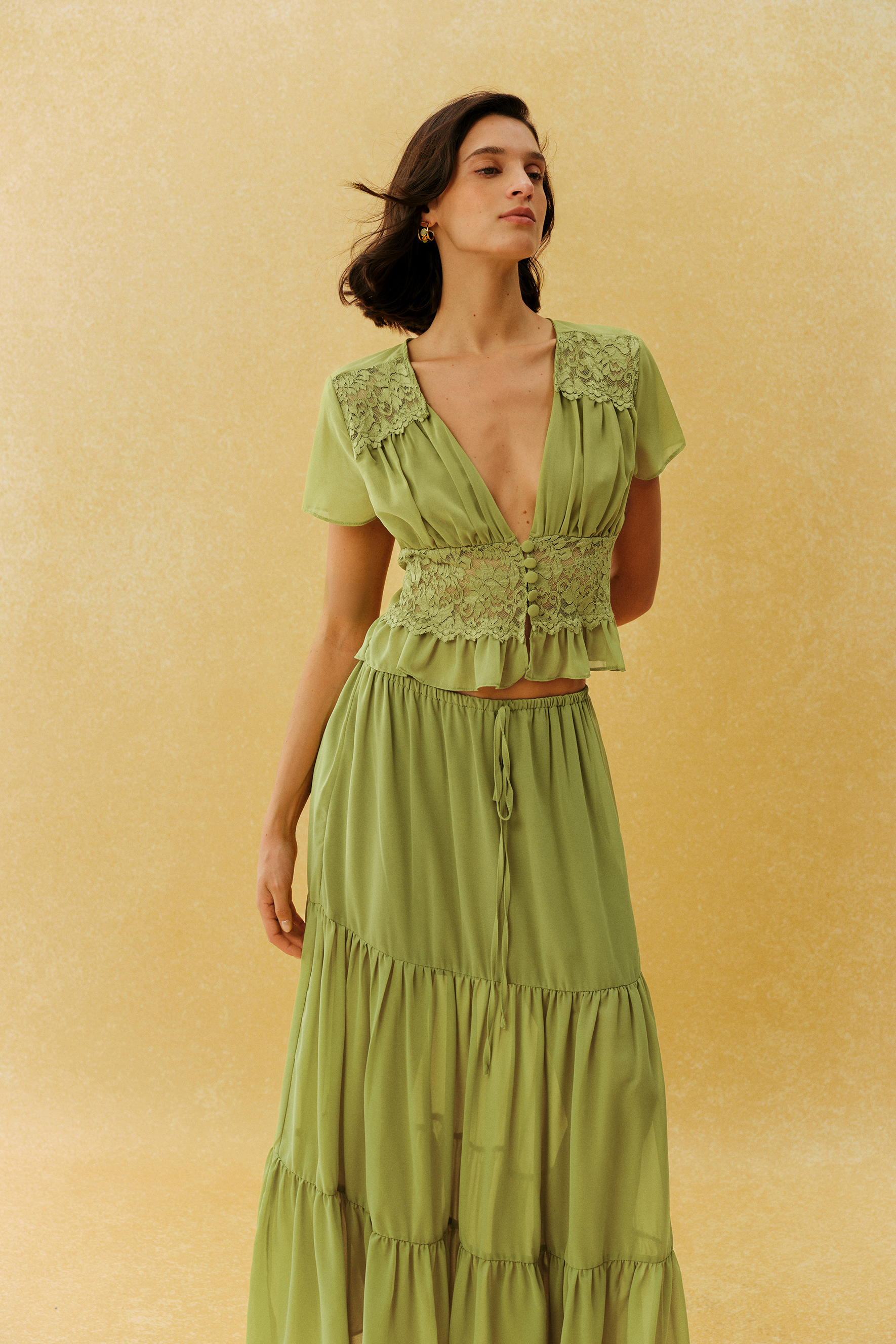 Feeling Like Her Green Short Sleeve Lace Waist Crop Top & Skirt Set