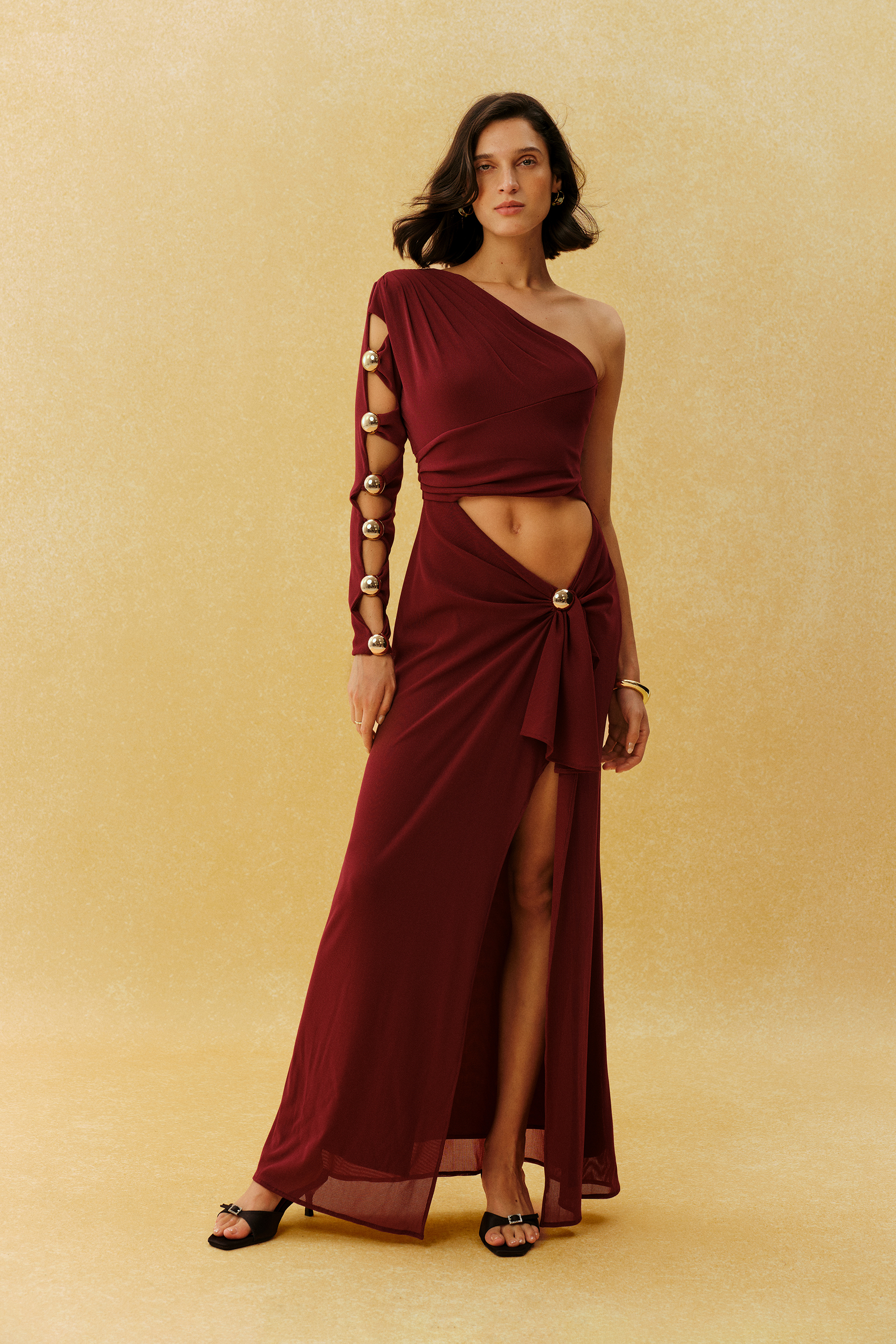 Focused Glamour Burgundy One Shoulder Cutout Metal Bead Maxi Dress